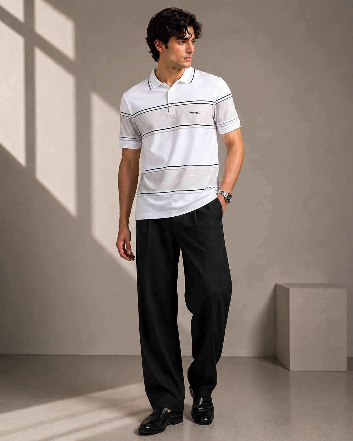 Men's White Striped Polo T-Shirt With Multicolour.