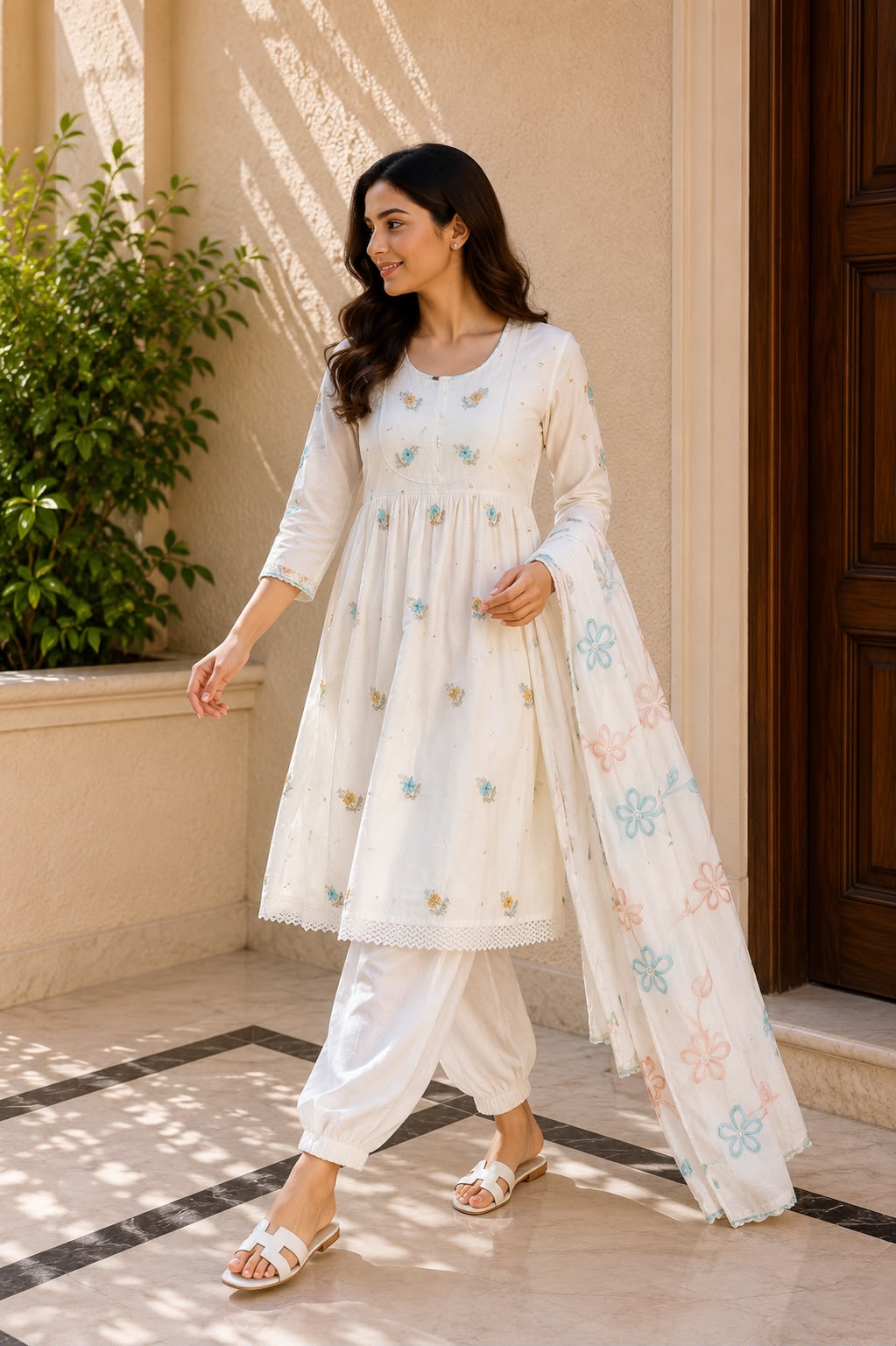 White Floral Embroidered Anarkali Suit Set with Printed Dupatta