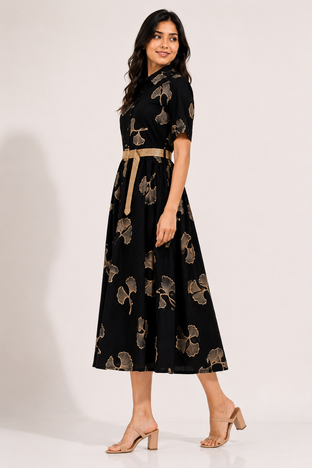 Women's Black  Botenical Print Shirt Midi Dress With Belt