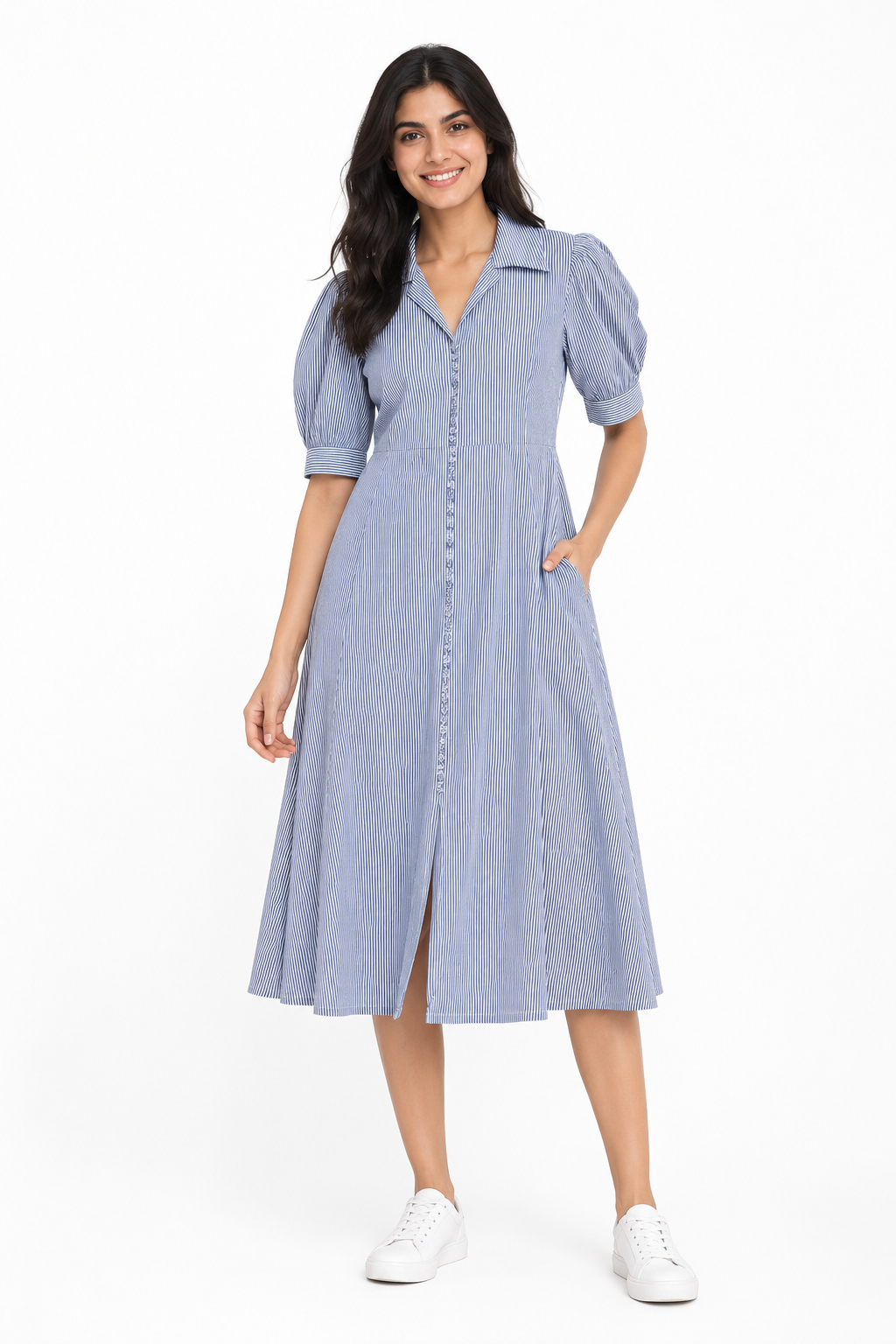 women's Navy Blue & White Striped Puff Sleeve Shirt Midi Dress