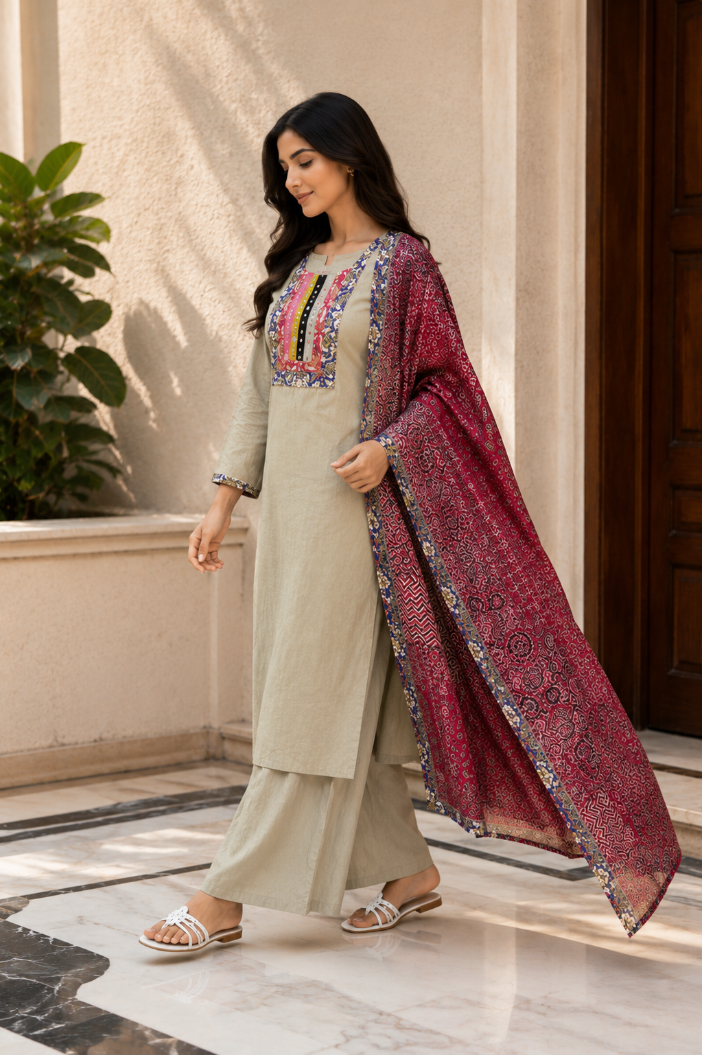 Sage Green Embroidered Suit Set with Printed Dupatta