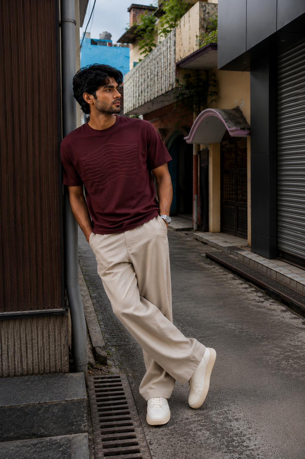 Men's Premium Maroon Textured Graphic Crew Neck T-Shirt