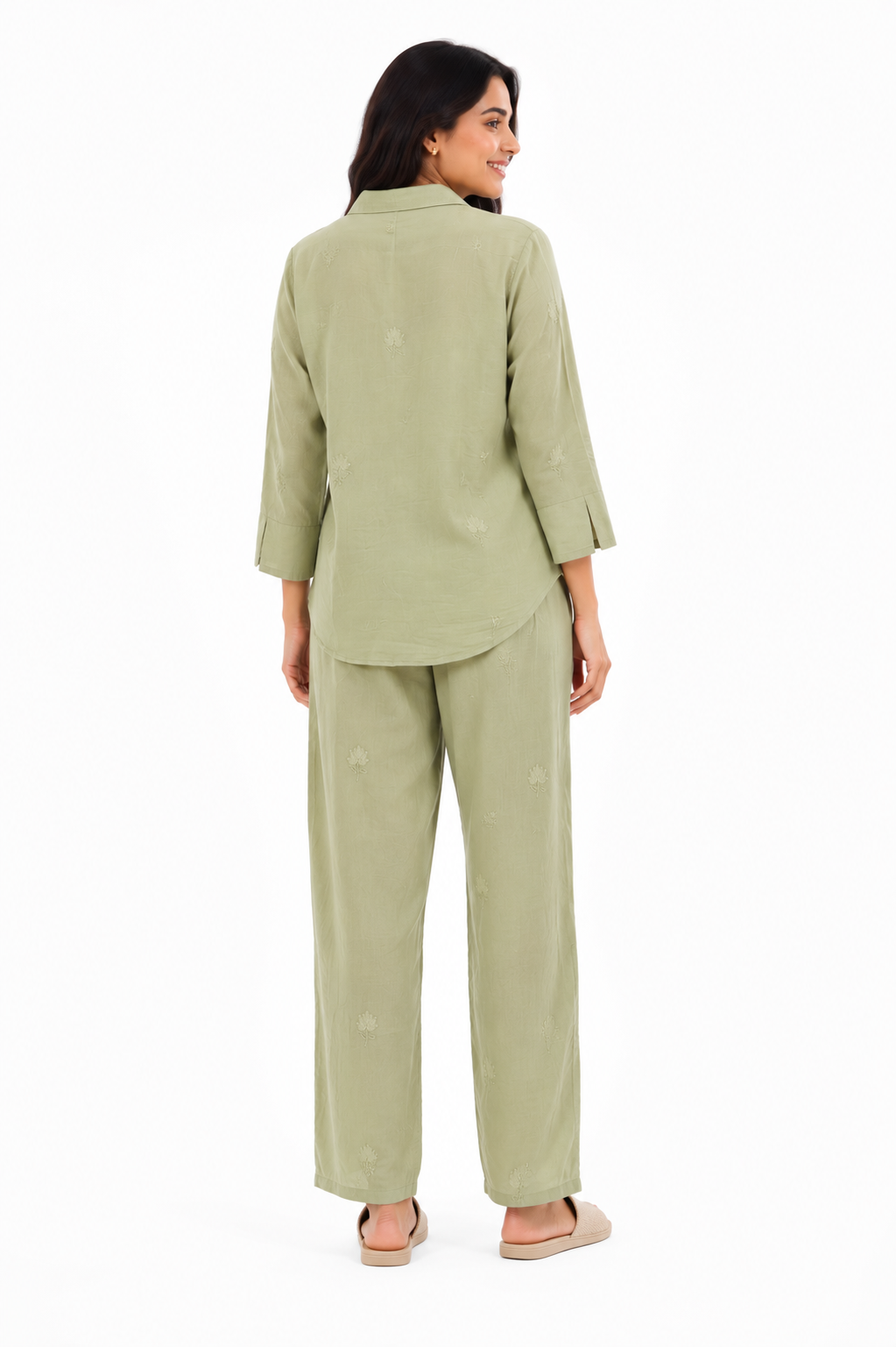 Women's Sage Green Embroidered Shirt & Pant Co-Ord Set