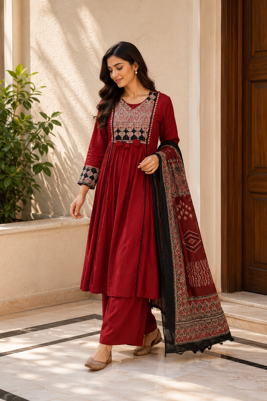 Wine Red Embroidered Anarkali Suit Set with Printed Dupatta