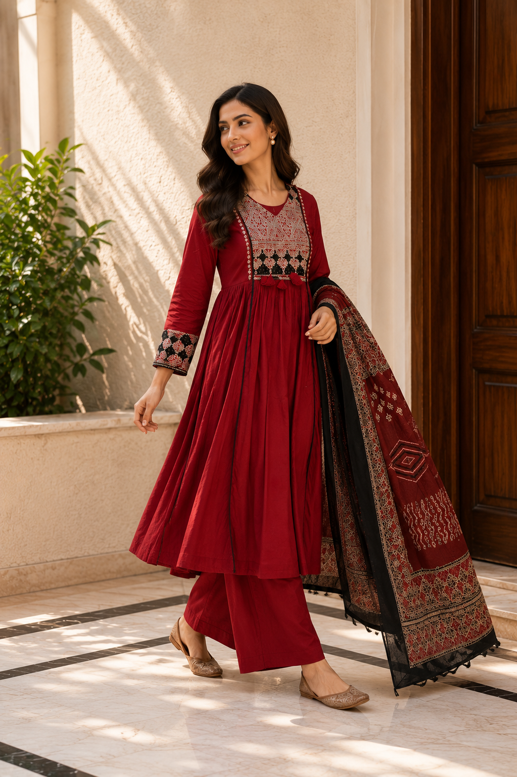 Wine Red Embroidered Anarkali Suit Set with Printed Dupatta