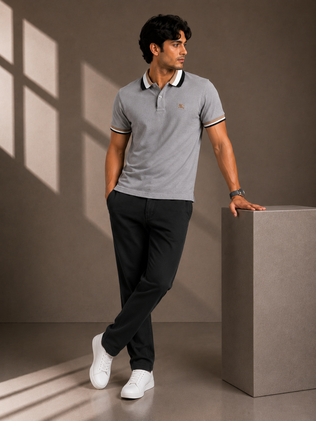 Men's White Striped Polo T-Shirt With Multicolour.