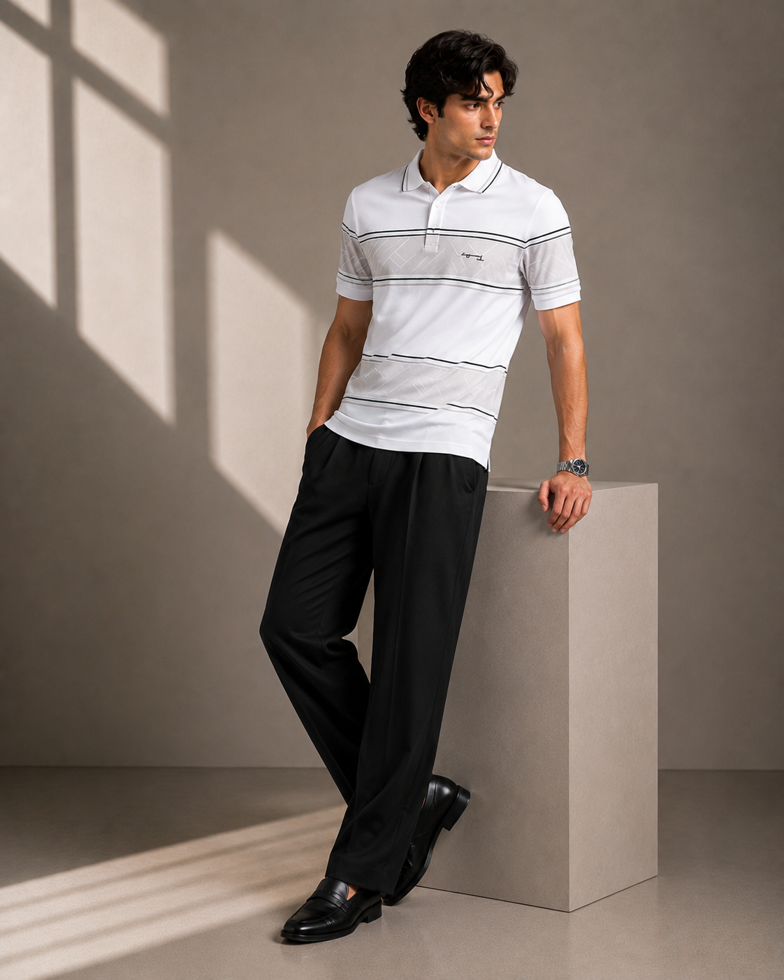 Men's White Striped Polo T-Shirt With Multicolour.