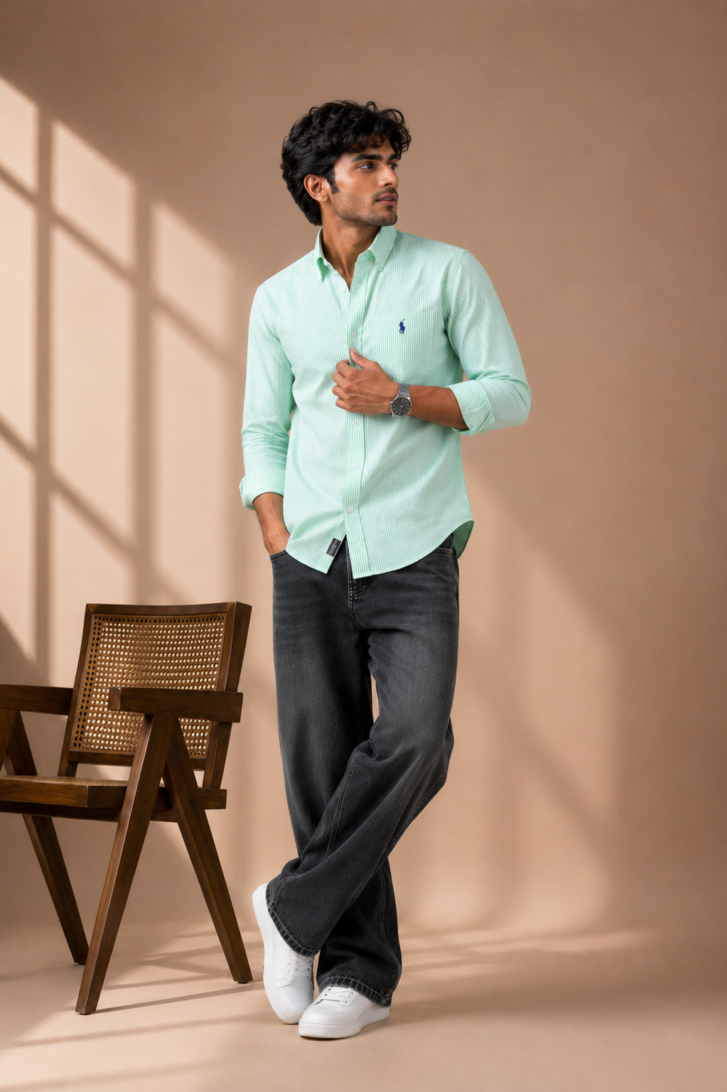Men's Premium Mint Green Striped Full Sleeve Casual Shirt