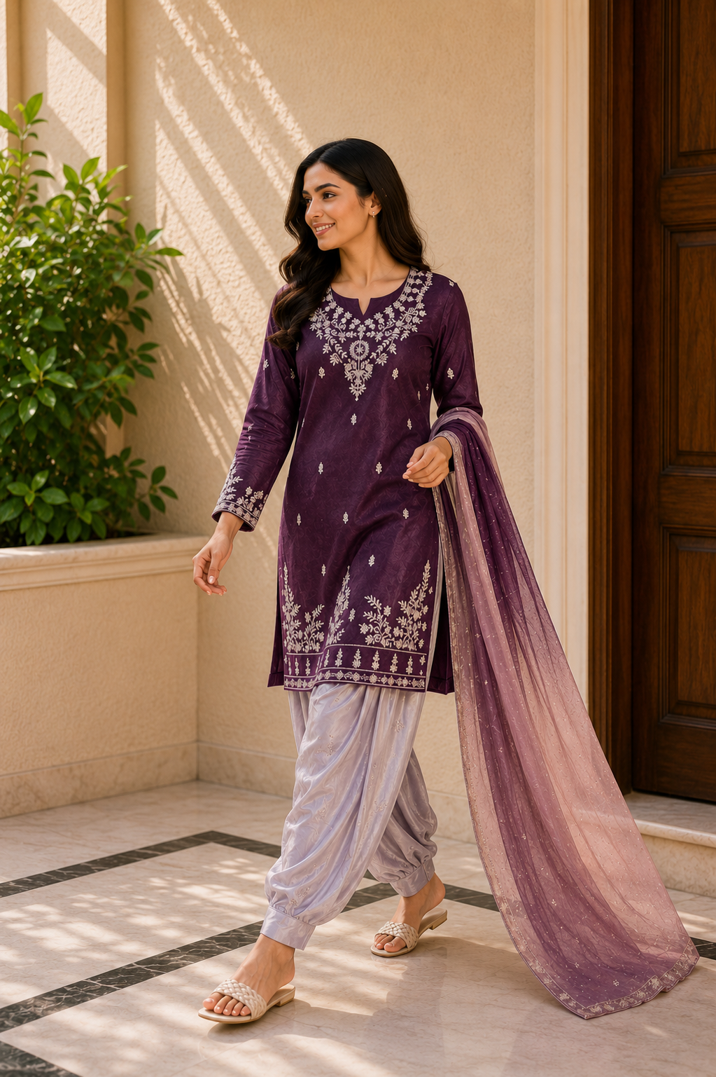 Purple Embroidered Suit Set with Ombre Organza Dupatta