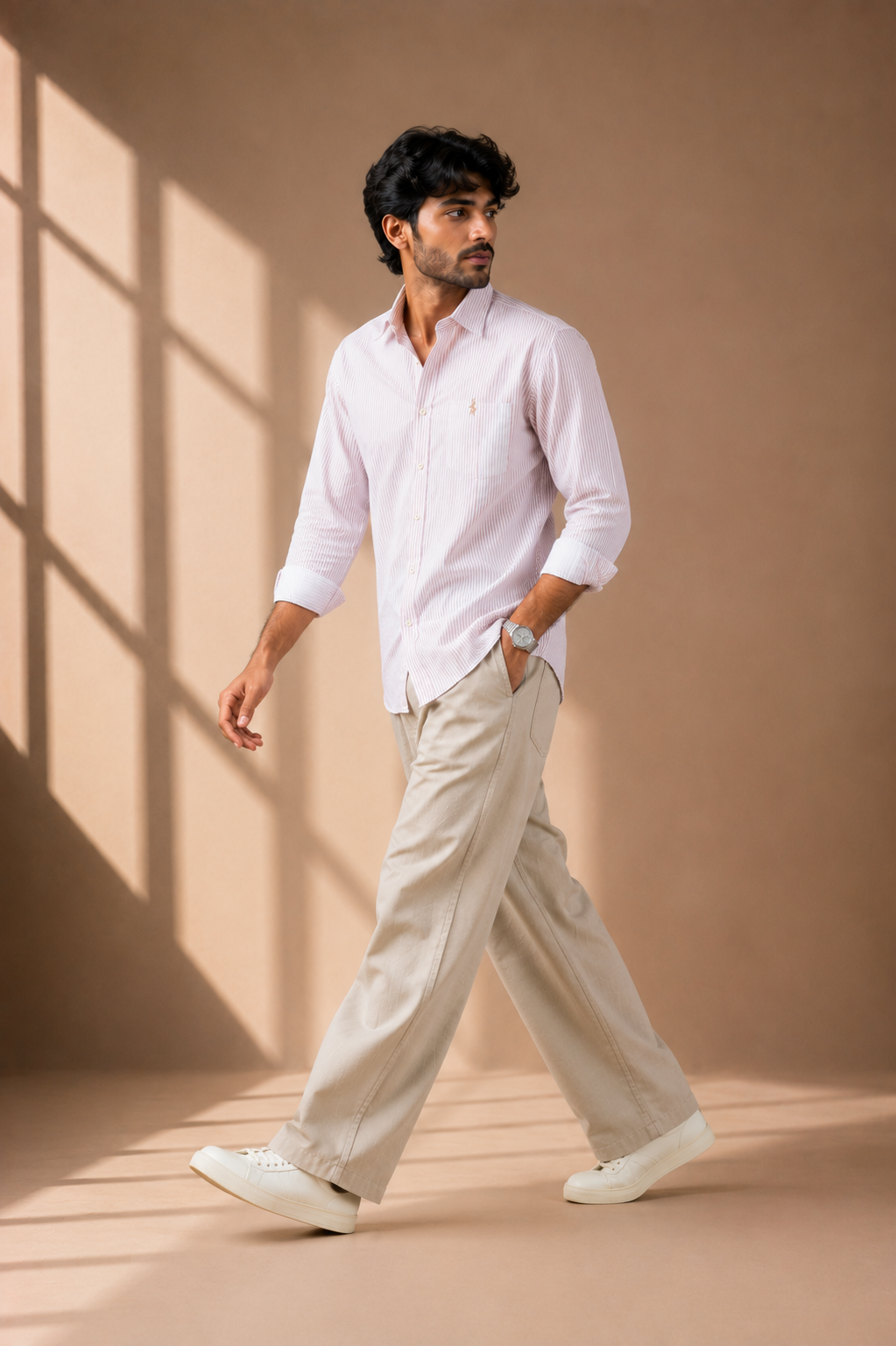 Men's Premium Light Pink Striped Full Sleeve Casual Shirt