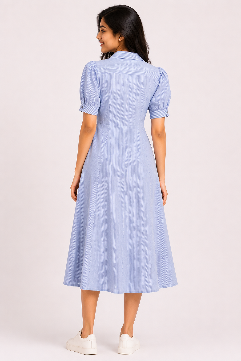 women's Navy Blue & White Striped Puff Sleeve Shirt Midi Dress