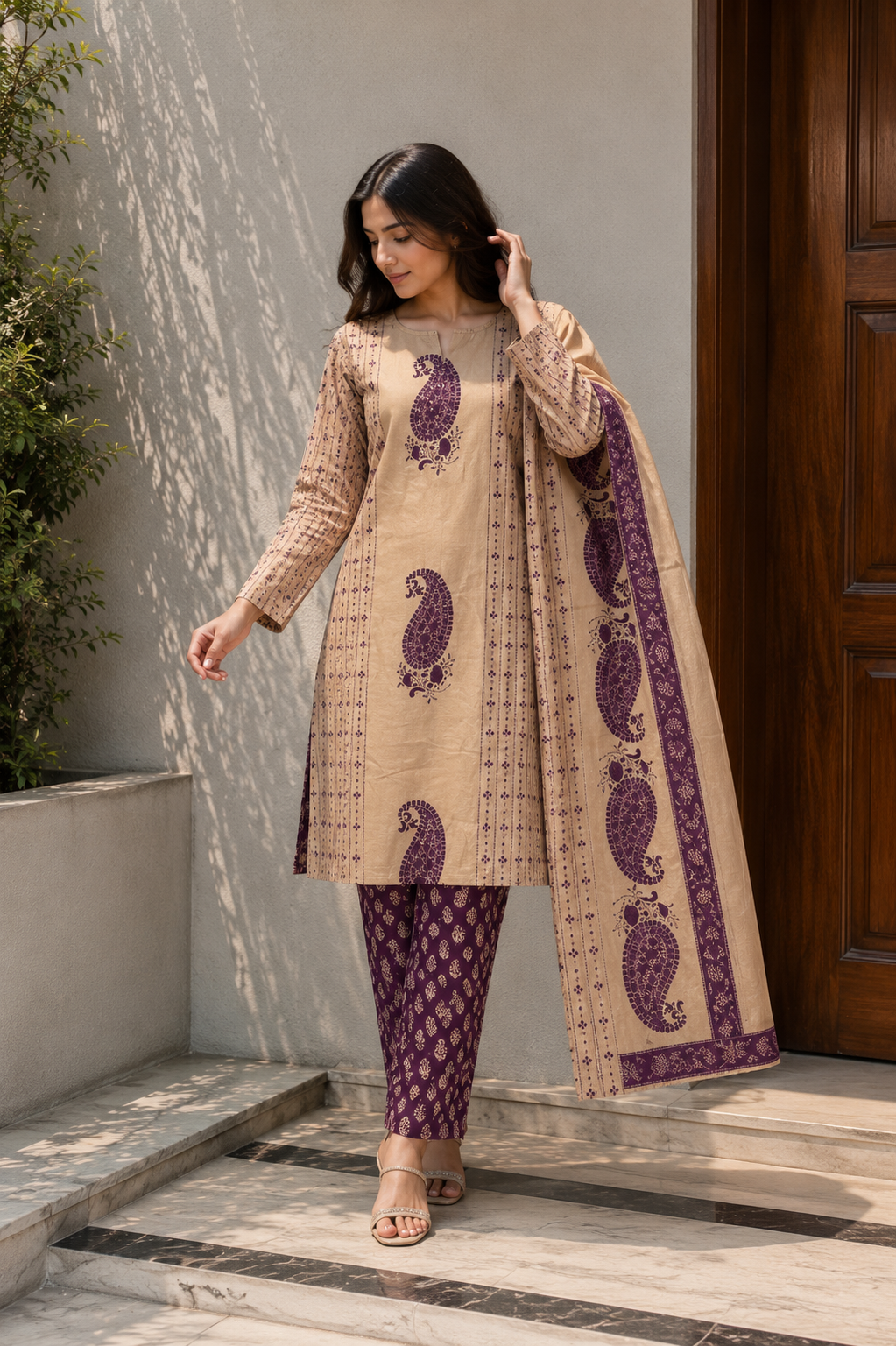 Beige & Plum Printed Suit Set with Dupatta