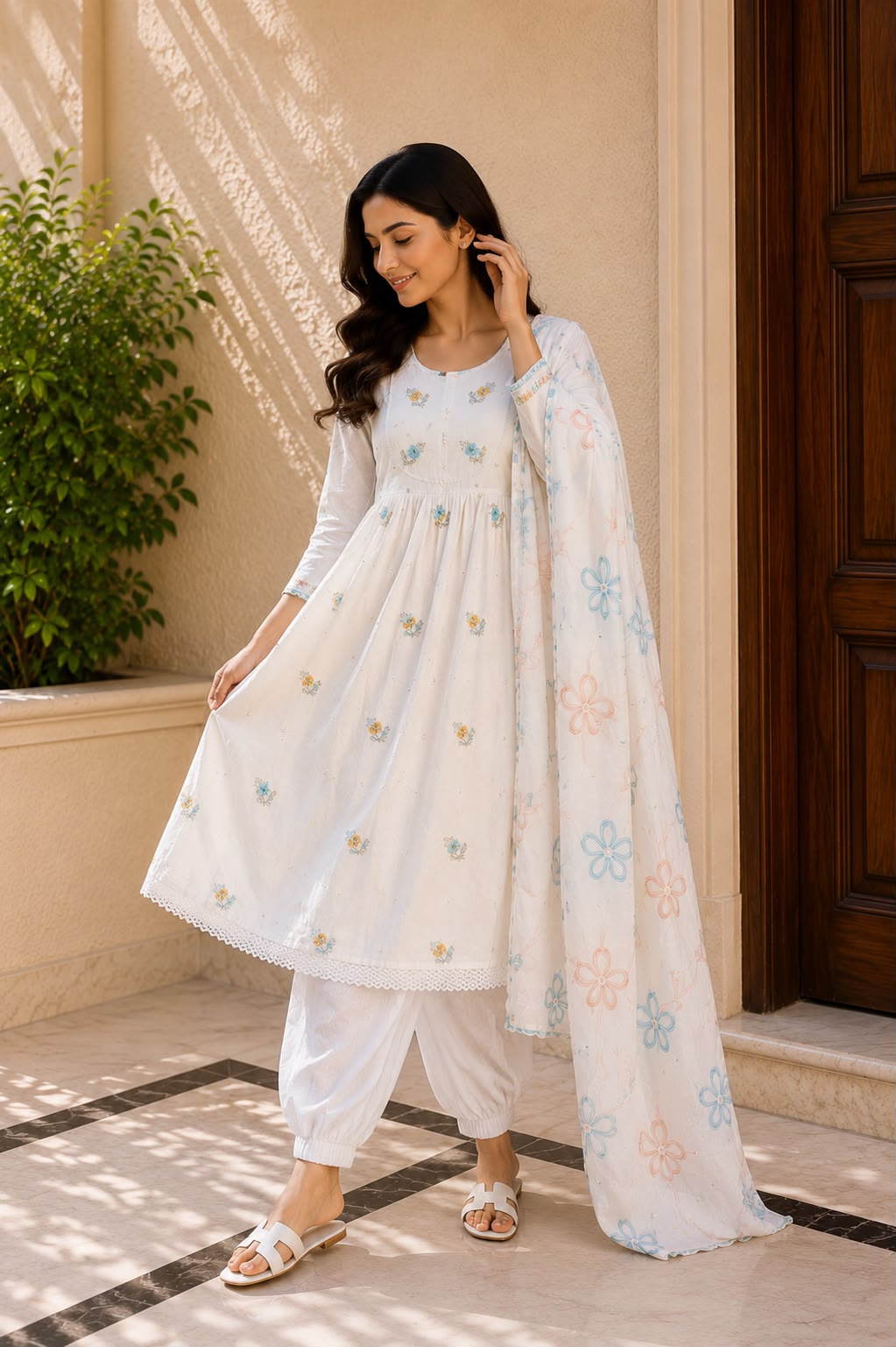 White Floral Embroidered Anarkali Suit Set with Printed Dupatta