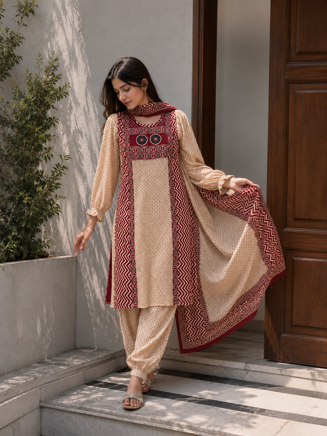 Beige & Maroon Printed Suit Set with Dupatta