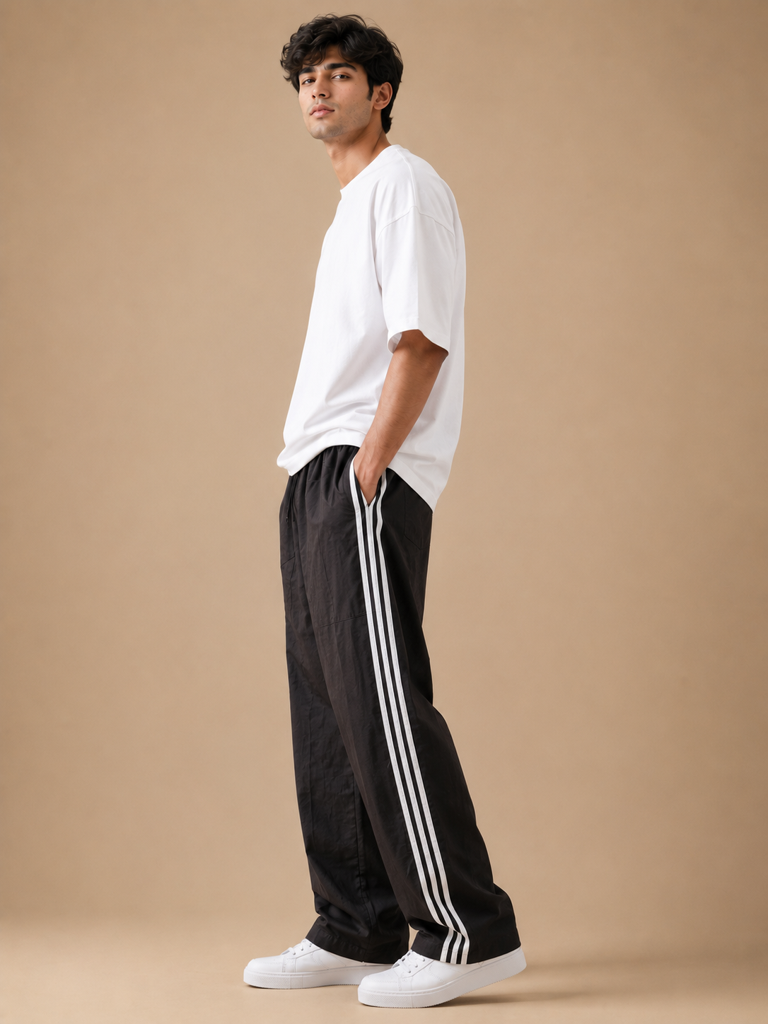 Men's Premium Black Wide Leg Side Stripe Trousers