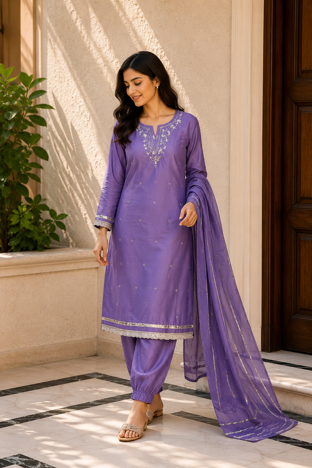 Lavender Embroidered Suit Set with Organza Dupatta