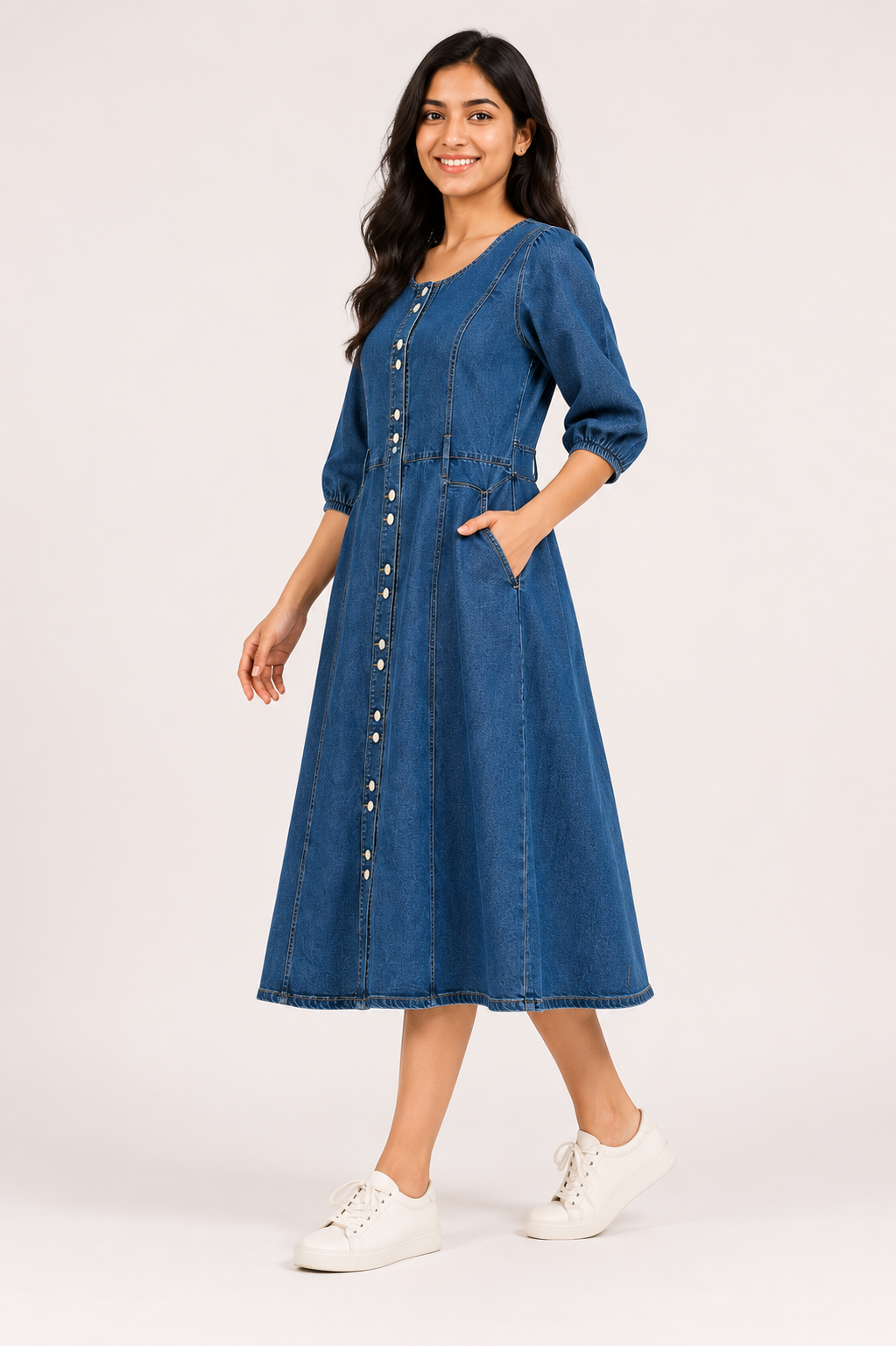 Women's Blue Denim Button-Front A-Line Midi Dress With Pockets