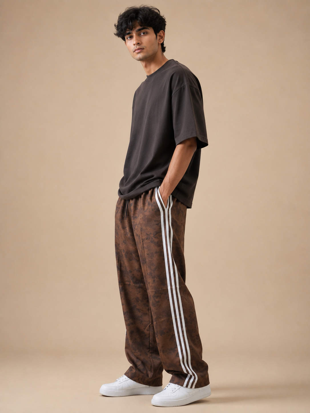 Men's Premium Brown Wide Leg Side Stripe Trousers