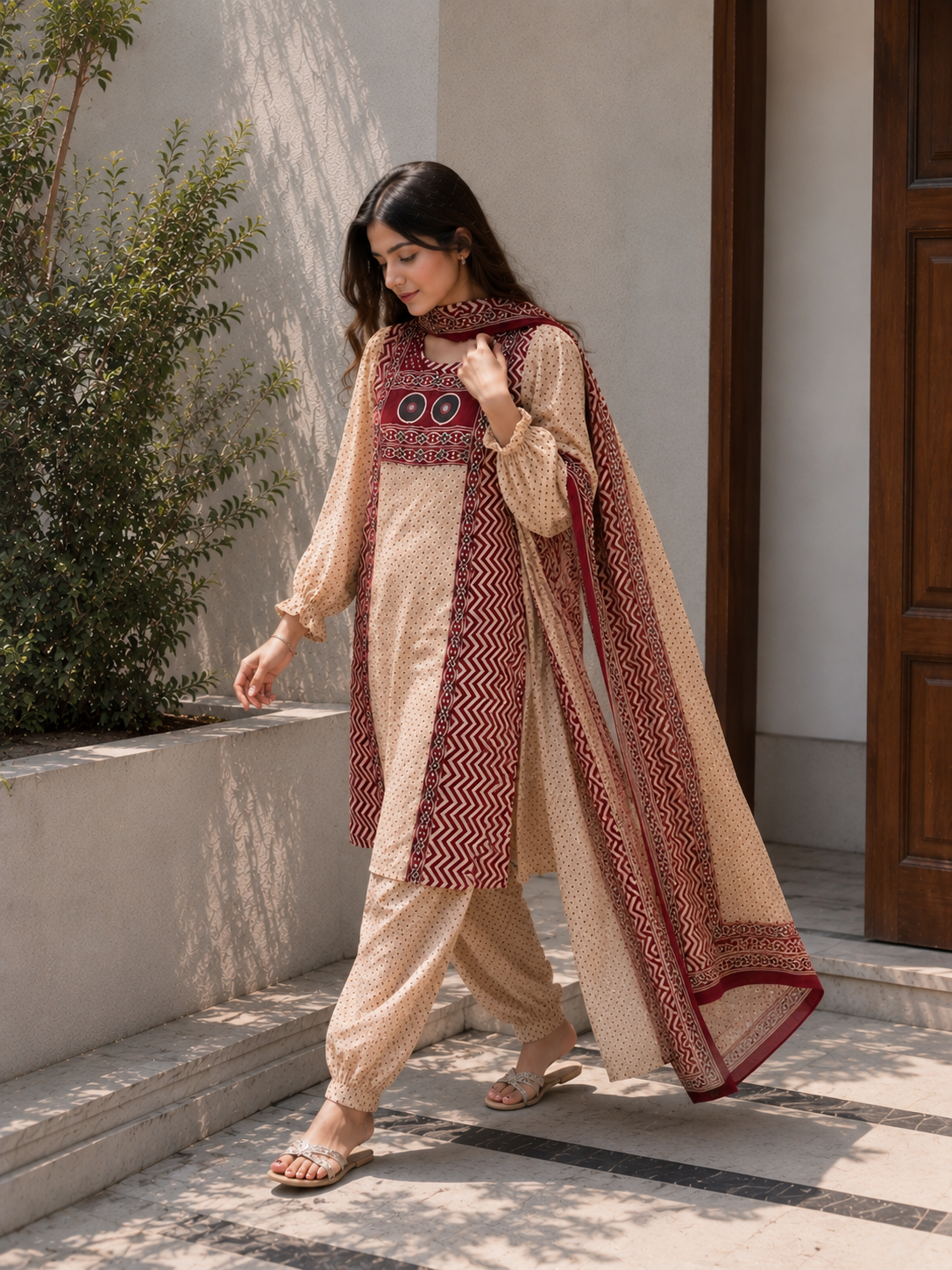 Beige & Maroon Printed Suit Set with Dupatta