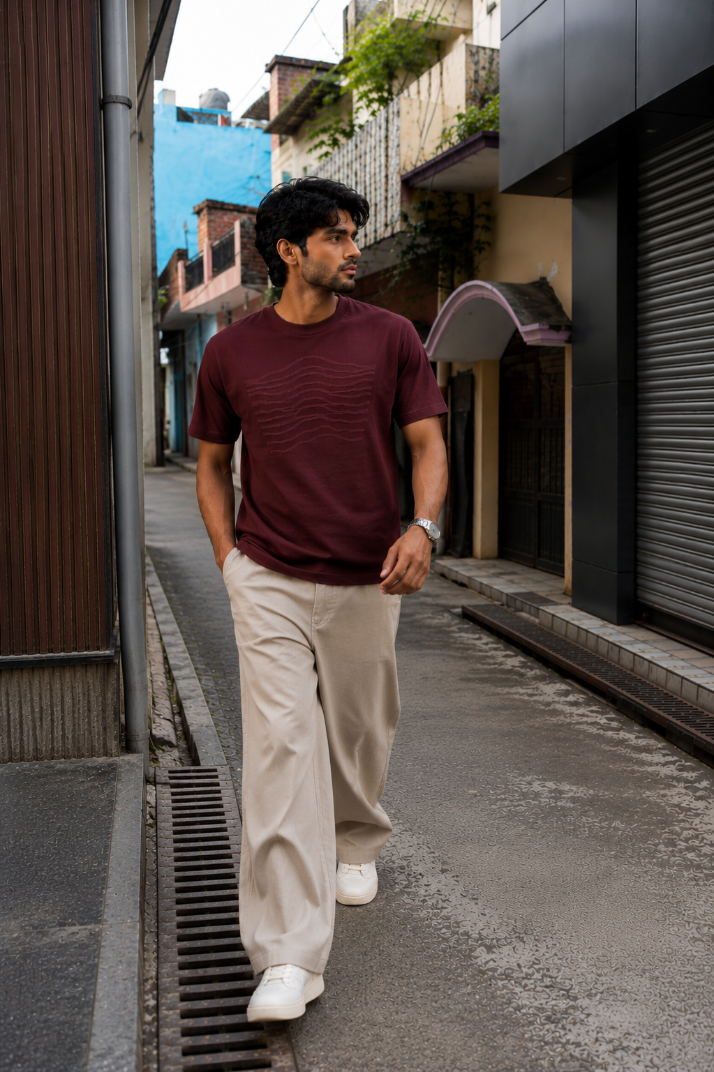 Men's Premium Maroon Textured Graphic Crew Neck T-Shirt