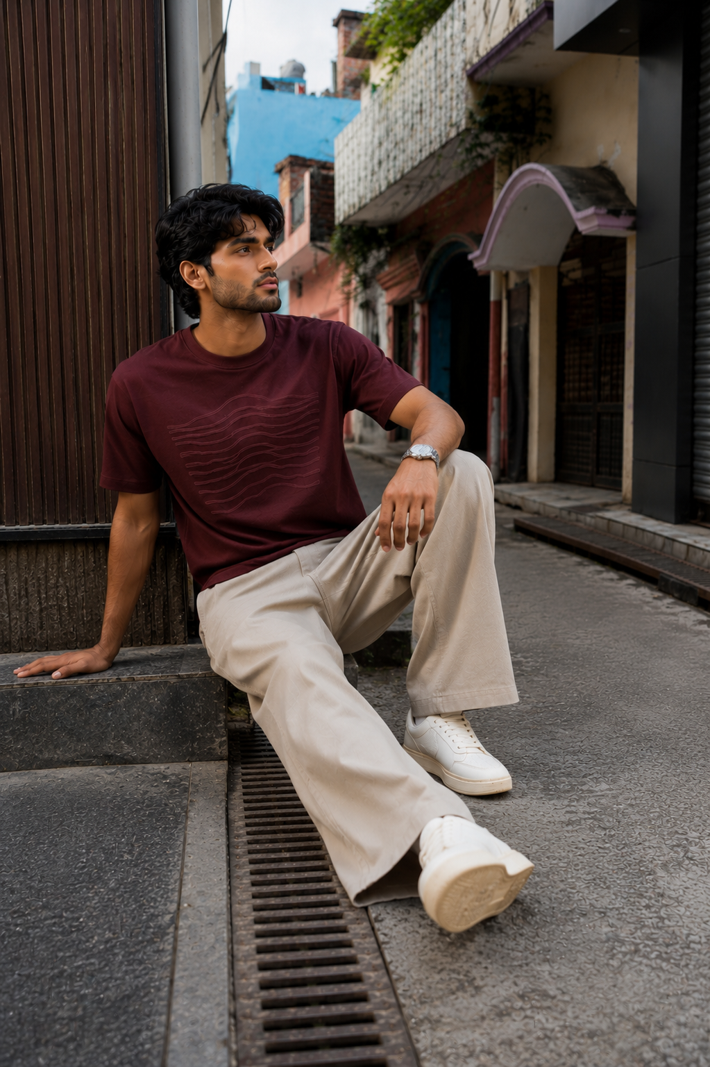 Men's Premium Maroon Textured Graphic Crew Neck T-Shirt