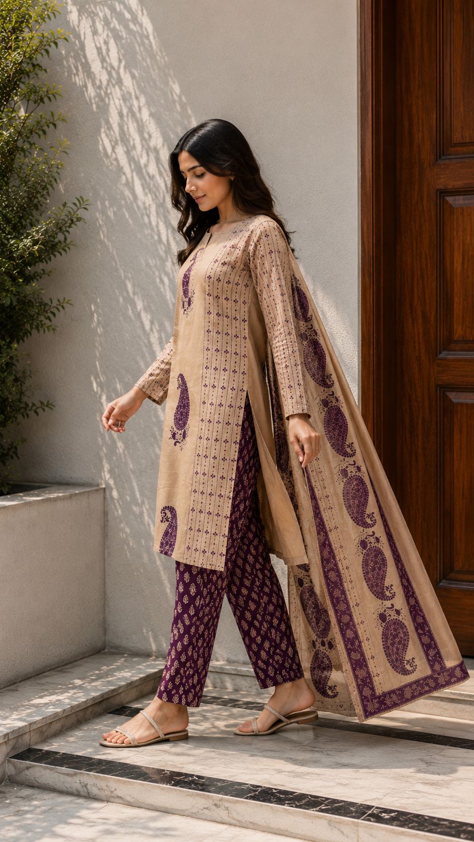 Beige & Plum Printed Suit Set with Dupatta