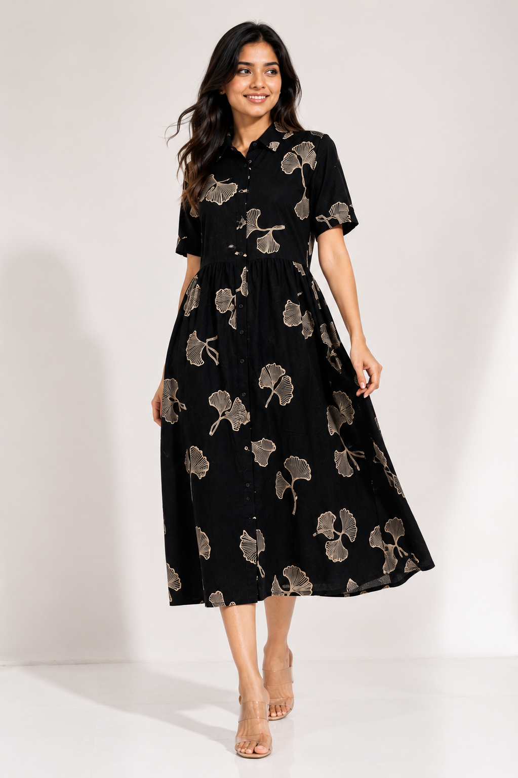Women's Black  Botenical Print Shirt Midi Dress With Belt