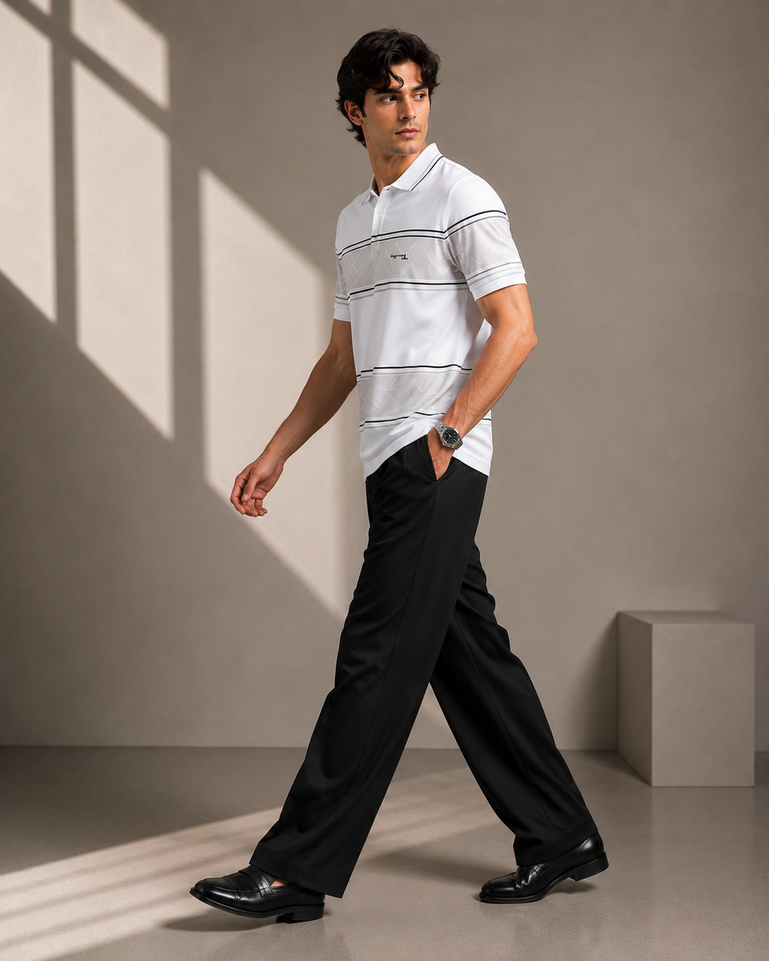Men's White Striped Polo T-Shirt With Multicolour.