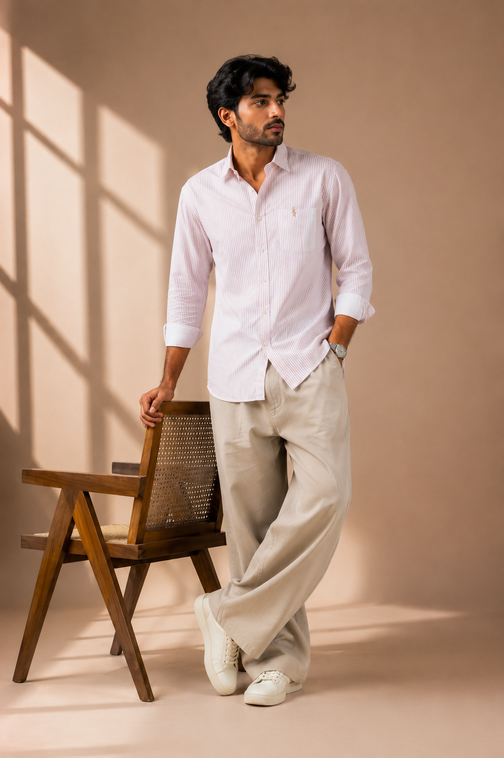 Men's Premium Light Pink Striped Full Sleeve Casual Shirt