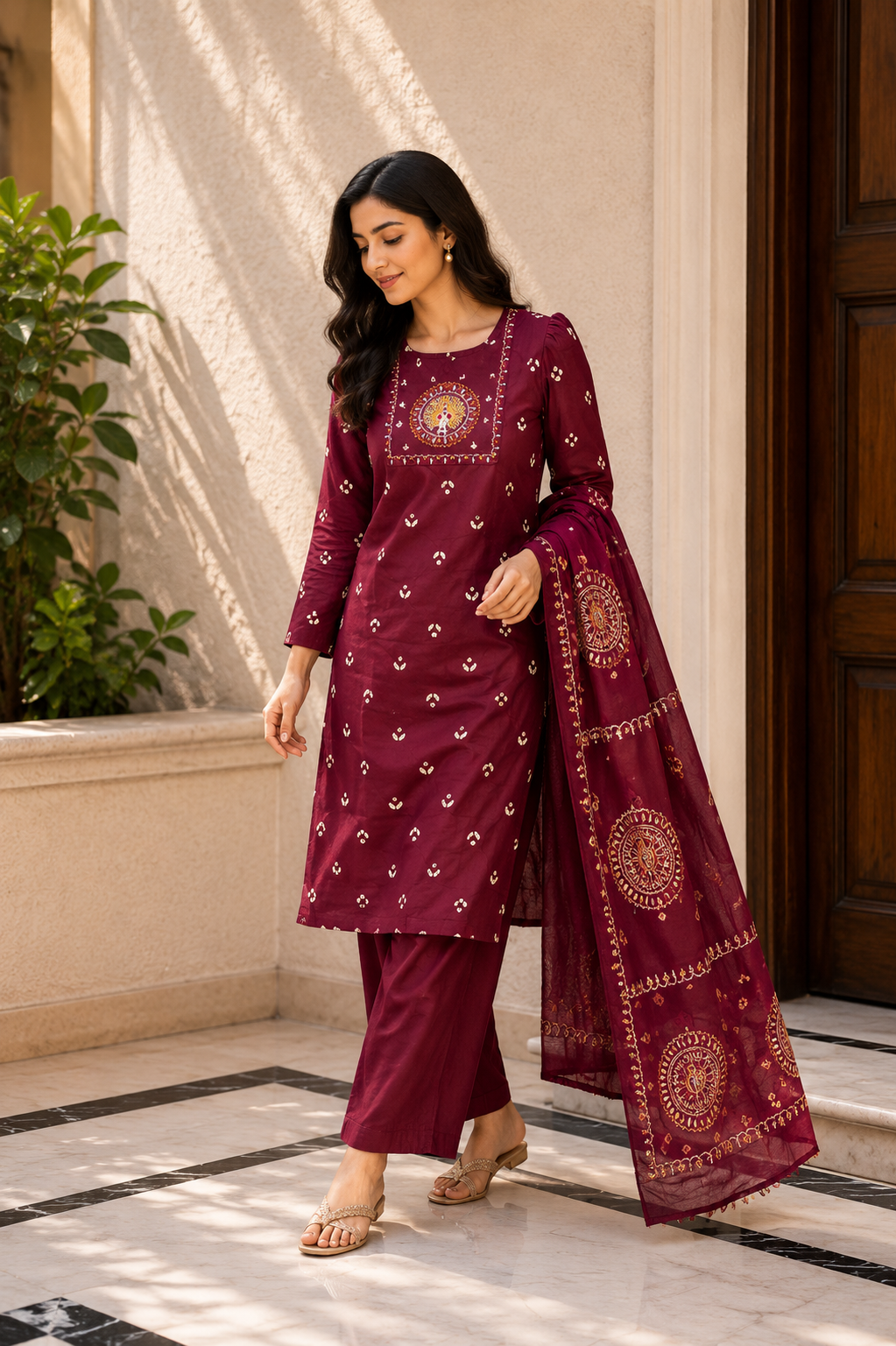 Wine Embroidered Suit Set with Printed Dupatta