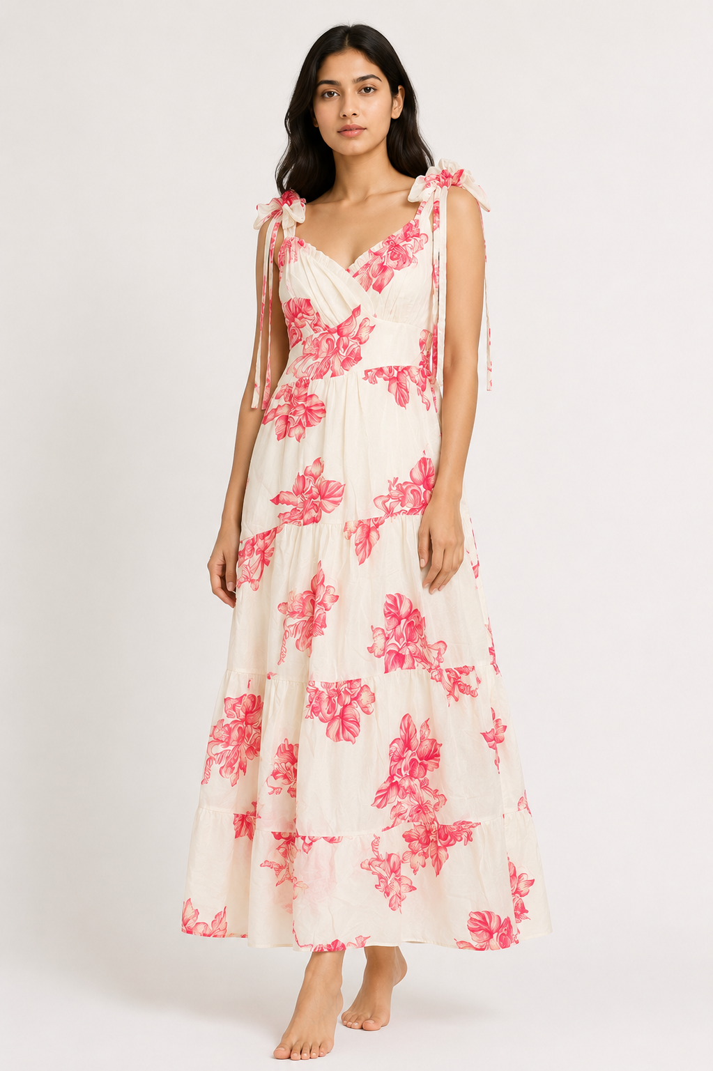 Women's White Floral Tie-Shoulder Maxi Dress