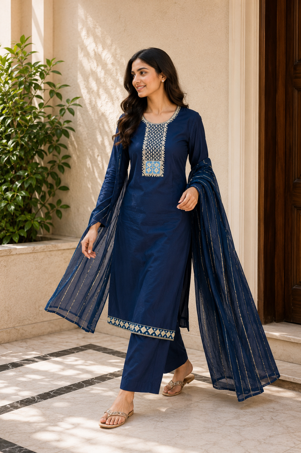 Navy Blue Embroidered Suit Set with Organza Dupatta