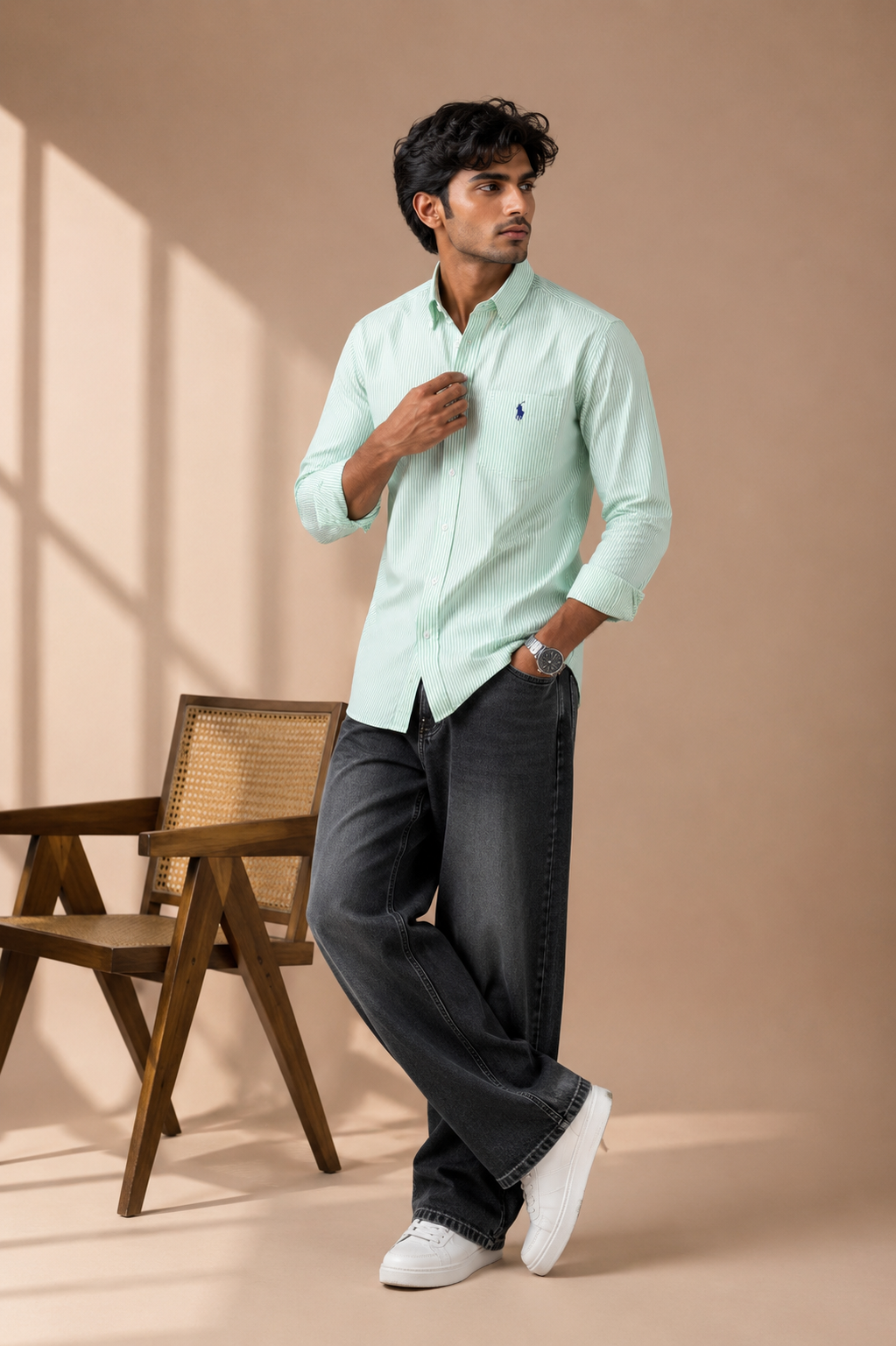 Men's Premium Mint Green Striped Full Sleeve Casual Shirt