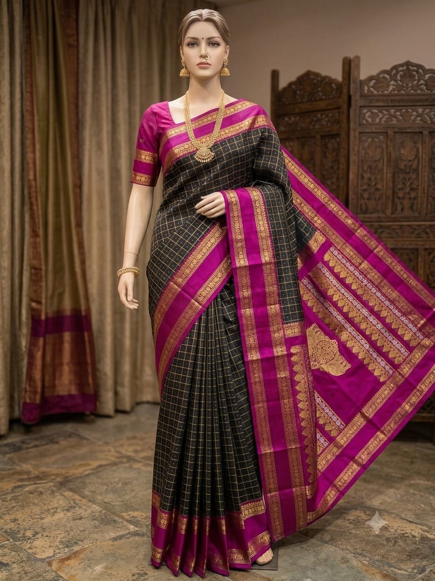 Black Silk Saree with Magenta Border