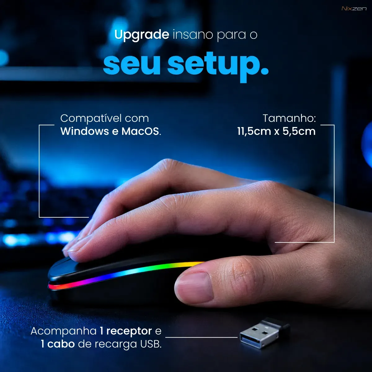Mouse Sem Fio Recarregável Bluetooth Wireless Óptico Ergonômico Sem Fio Led Rgb Gamer Para Notebook Pc Tablet Smartphone Preto Nixzen 