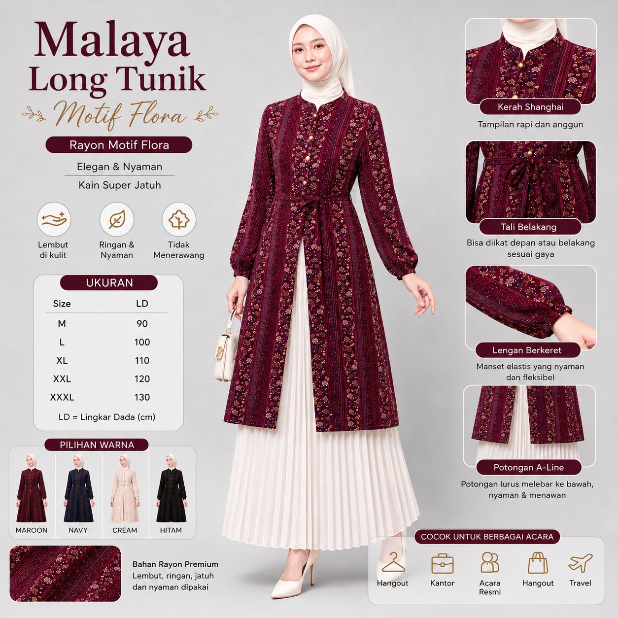 Long Outer Maroon Tunik Malaya Rayon Viscose
