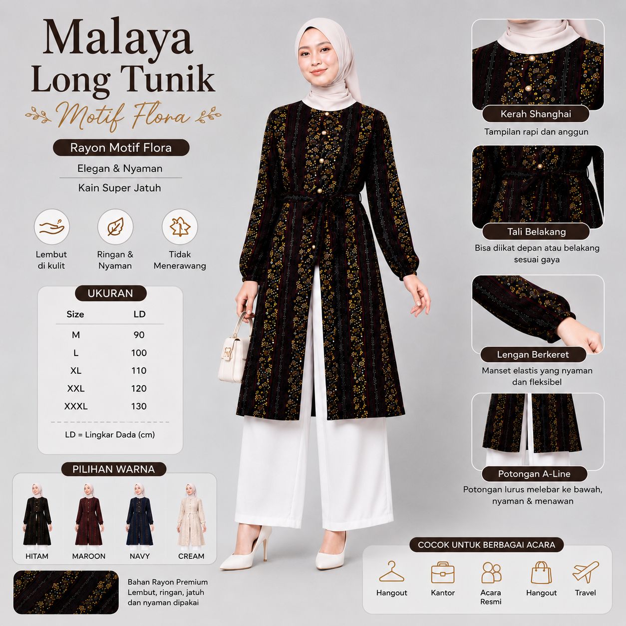 Long Outer Hitam Tunik Malaya Rayon Viscose