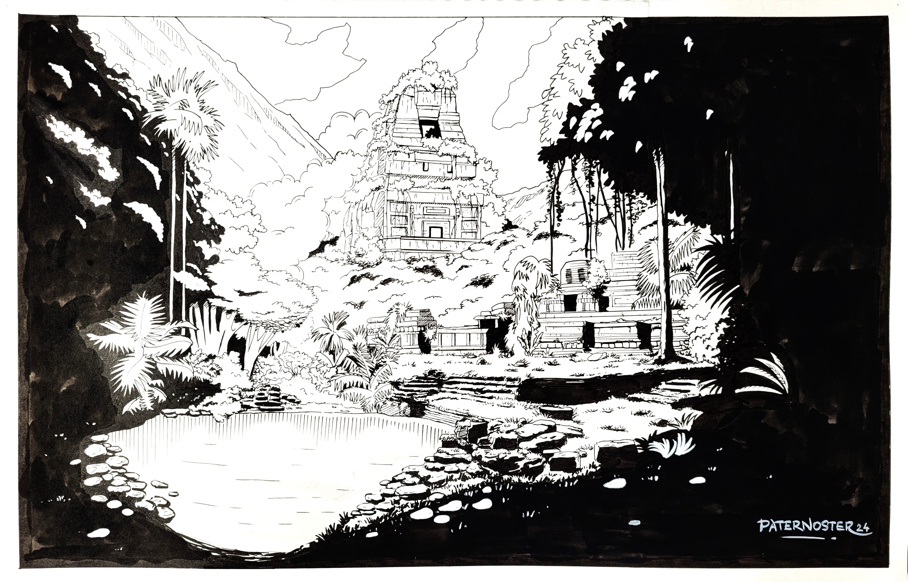 Original Ink Drawing – Mayan Ruins