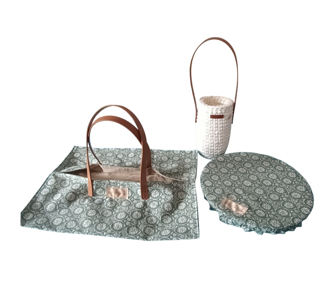 Ensemble cuisine zéro déchet - Charlotte alimentaire, porte tarte et porte-bouteille assorti-