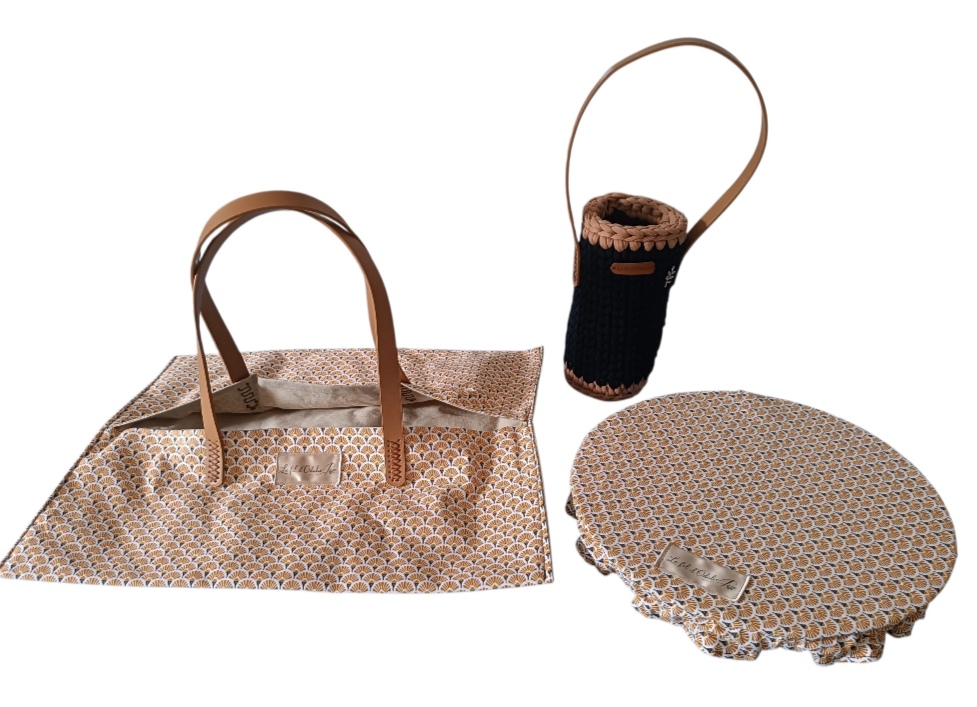 Ensemble cuisine zéro déchet - Charlotte alimentaire, porte-tarte et porte-bouteille assortis