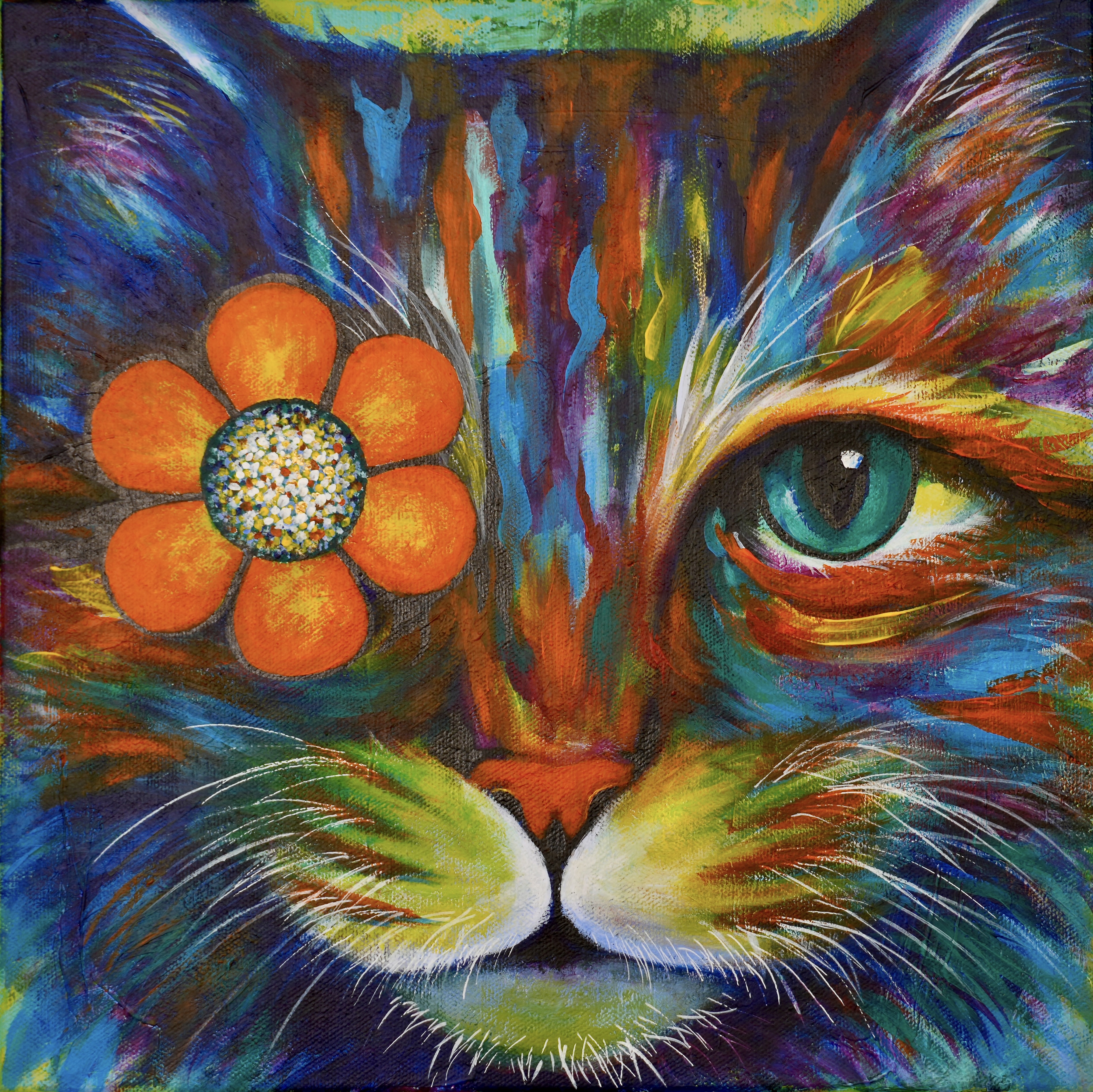 Original Acrylic Vibrant Feline Cat Art Decor 12 x 12 Canvas