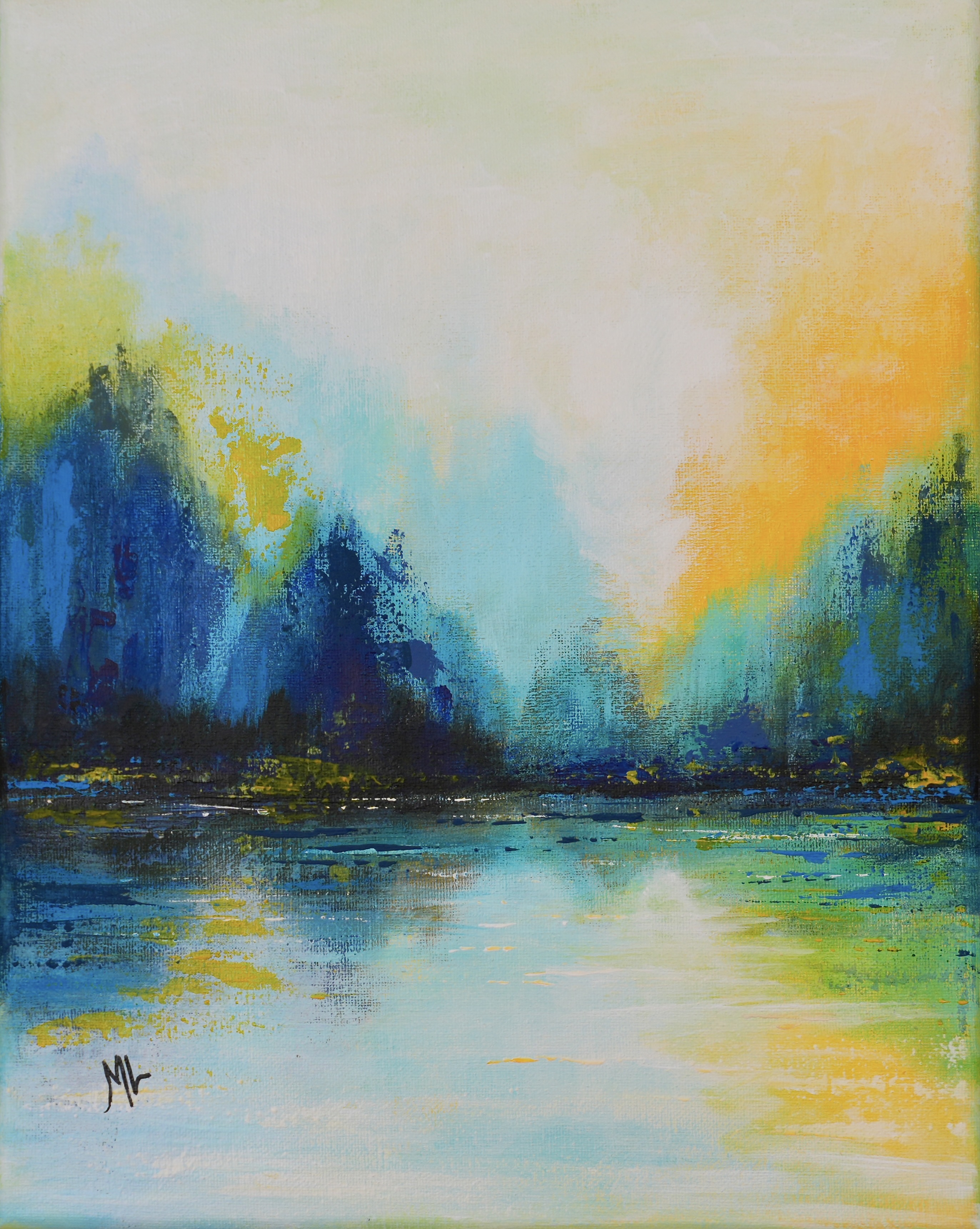 Serene Sunrise Lake 11 x 14 Original Acrylic On Canvas Painting