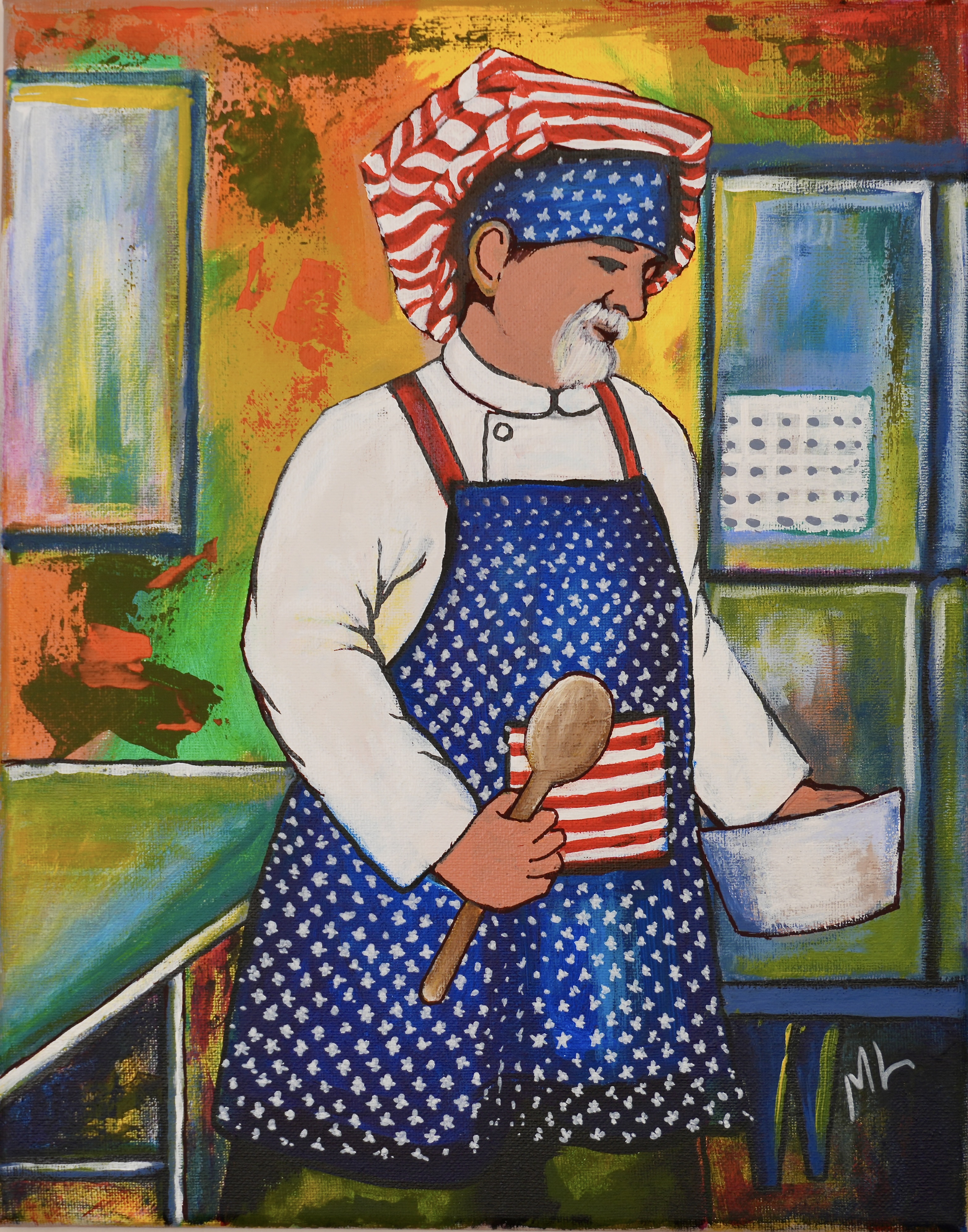 Patriotic Chef In The Kitchen Original Acrylic 11 x 14 Canvas Art