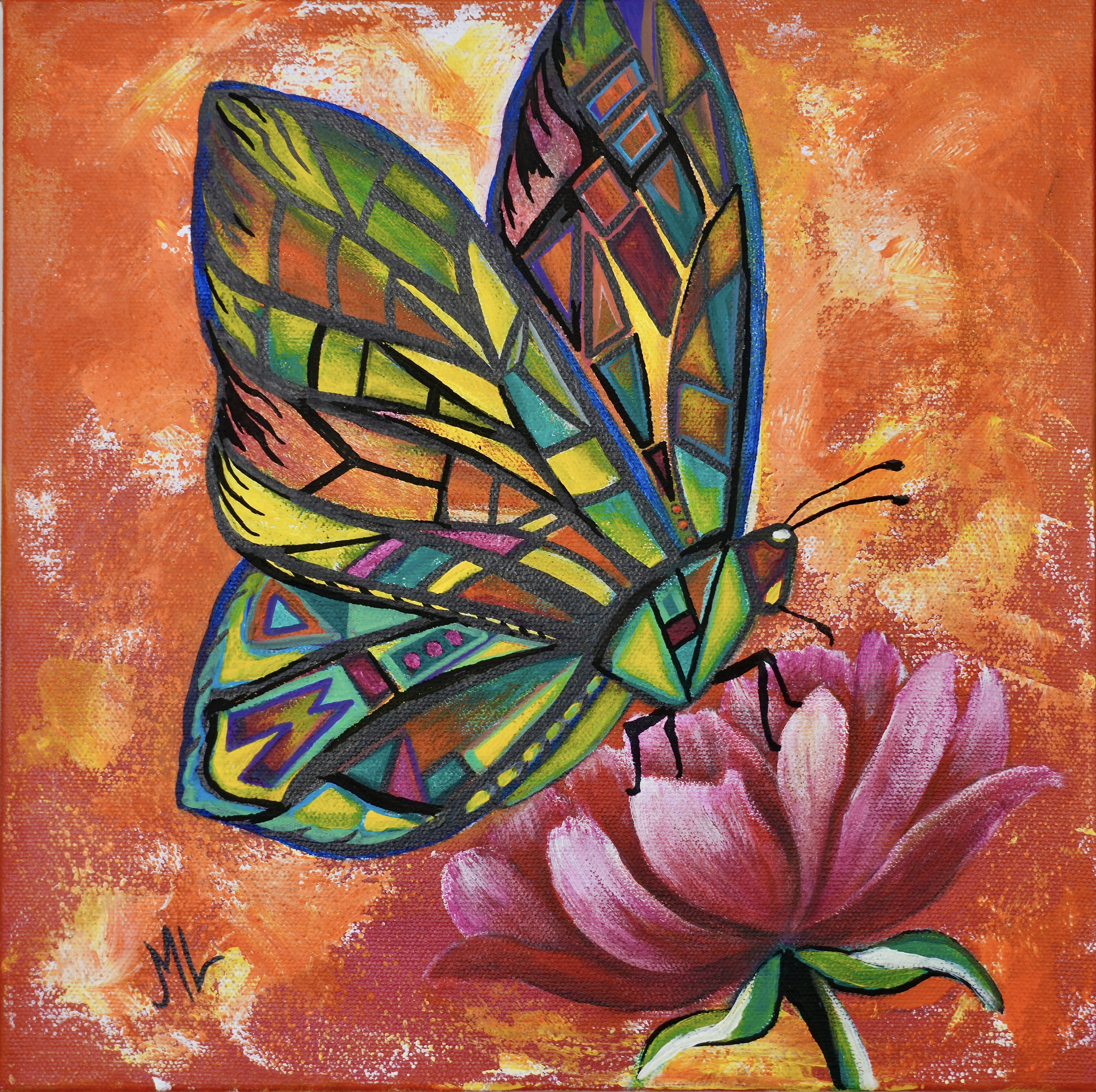 Stained Glass Inspired Butterfly Original Acrylic Painting 12 x12 Stretched Canvas Home Decor