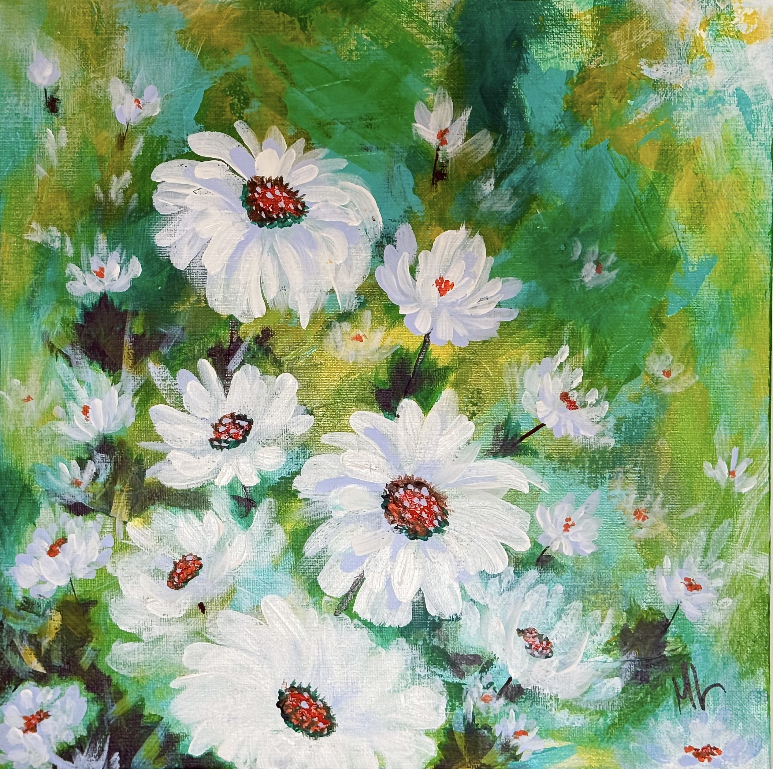 White Daisy Floral Canvas 12 x 12 Original Acrylic Painting Signed by Magie Le