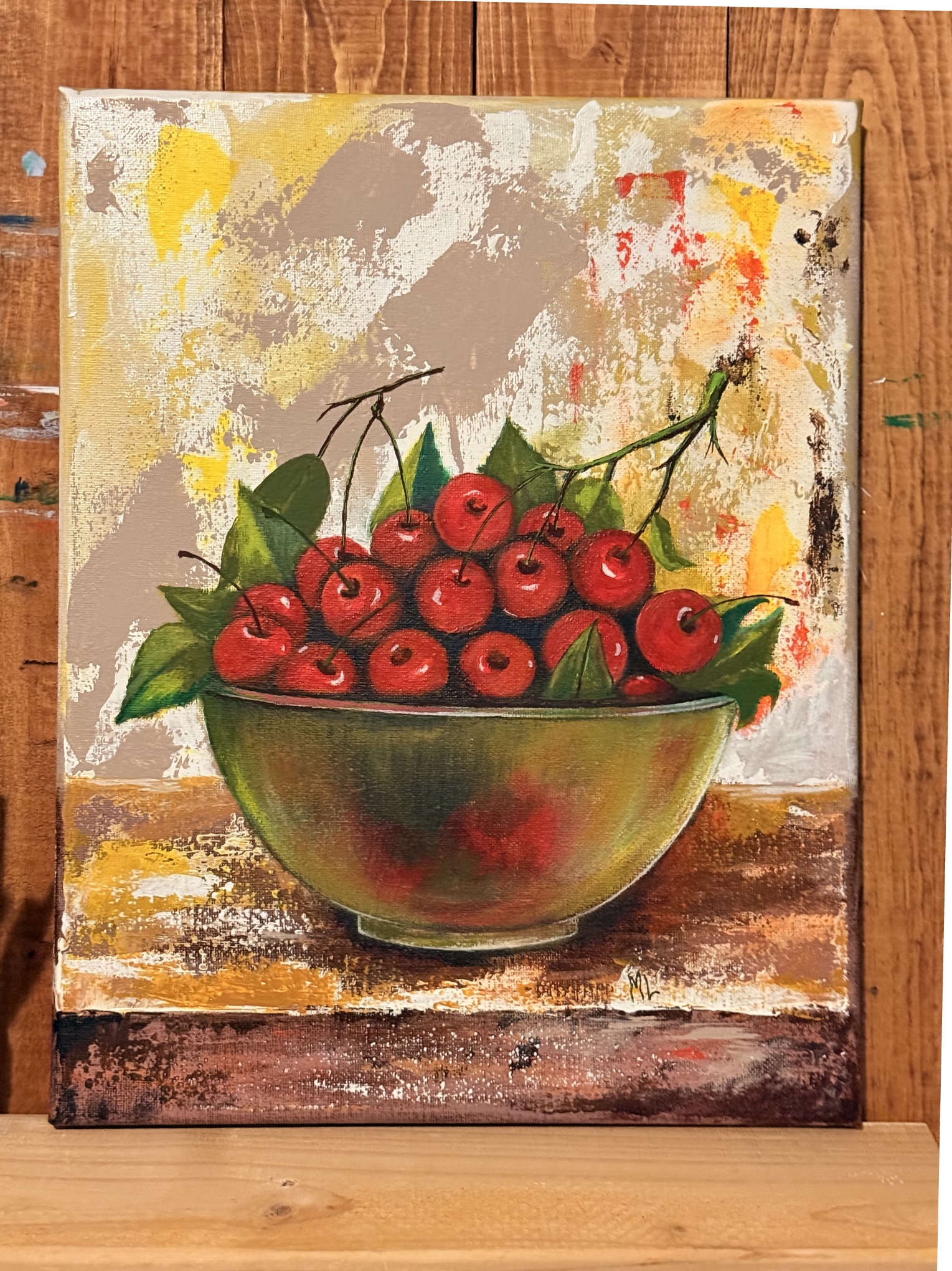 Cherry Bowl Still Life Painting 11 X 14 Acrylic 