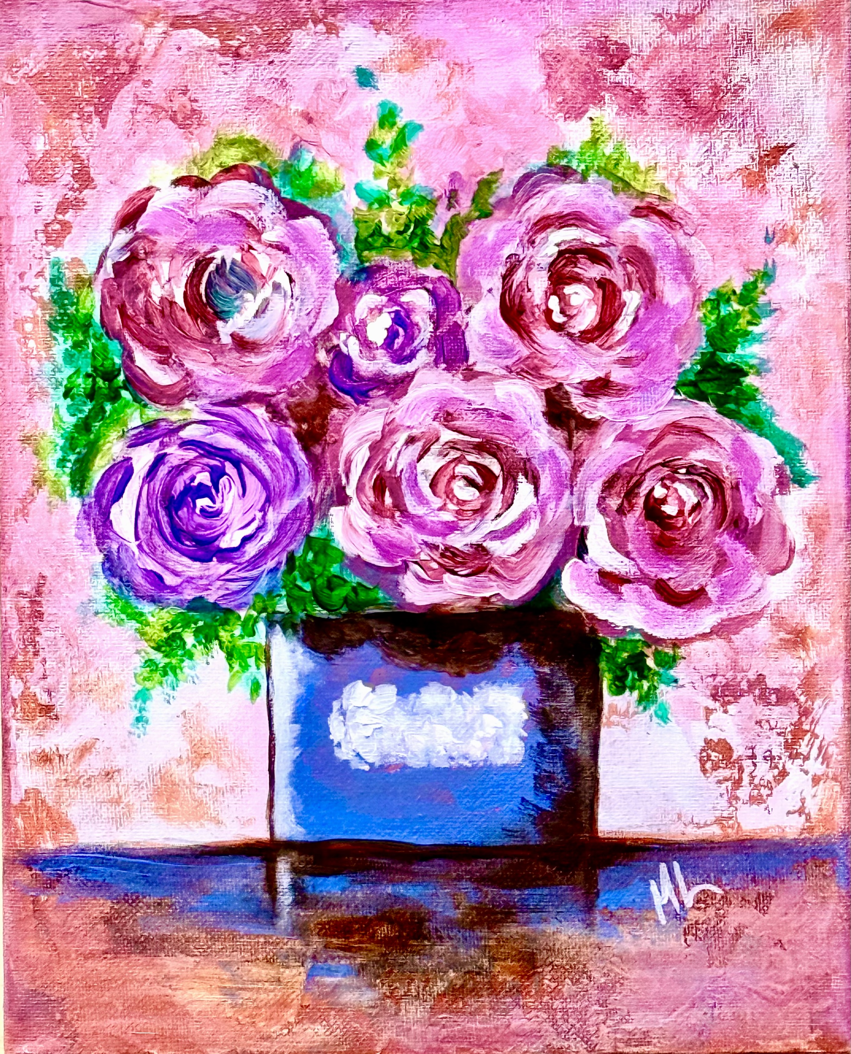 Pink Blossom Bouquet Painting Original 8 x 10 Acrylic on Canvas 