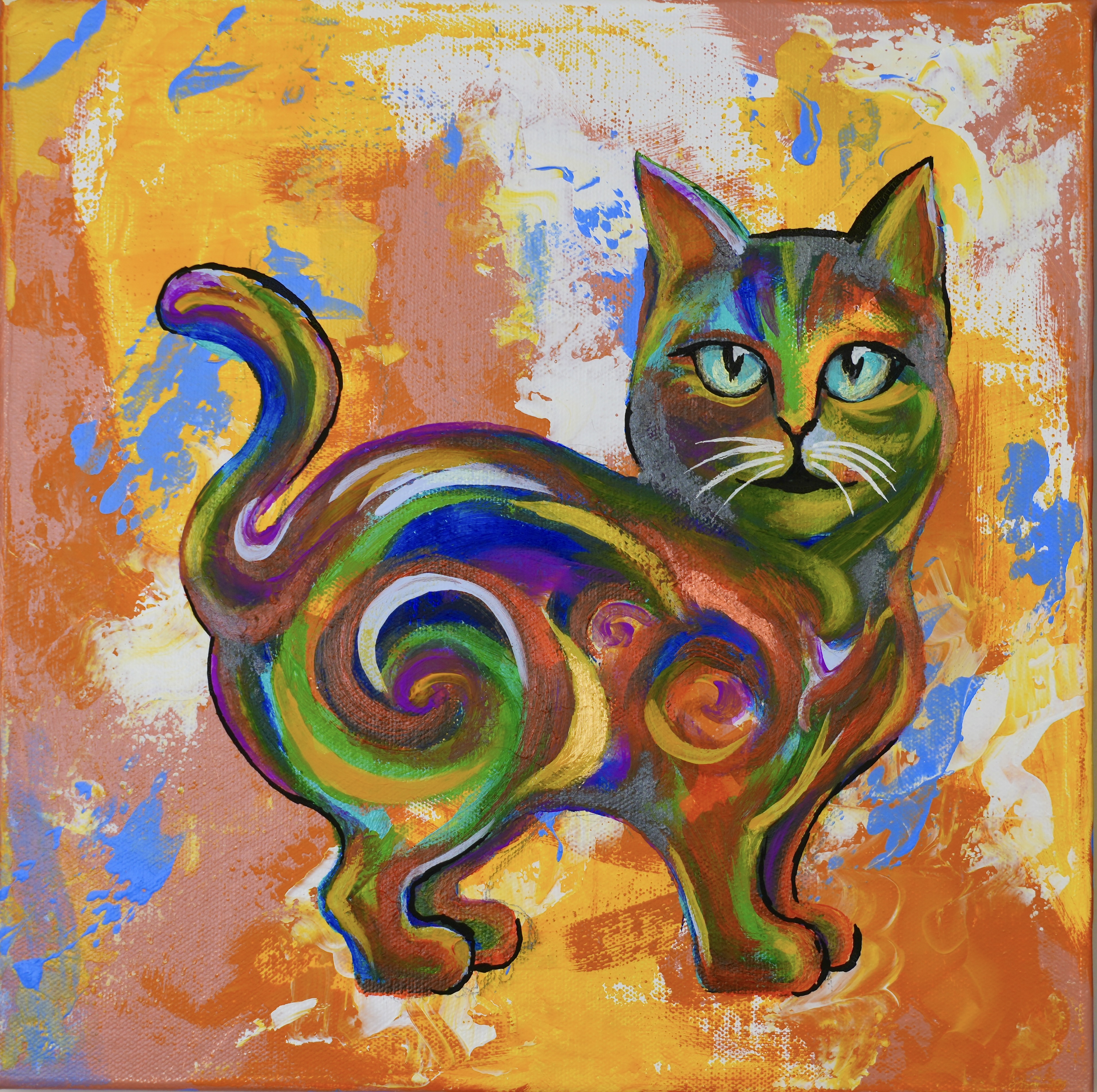 Original Acrylic On Canvas 12 x 12 Colorful Abstract Cat Painting