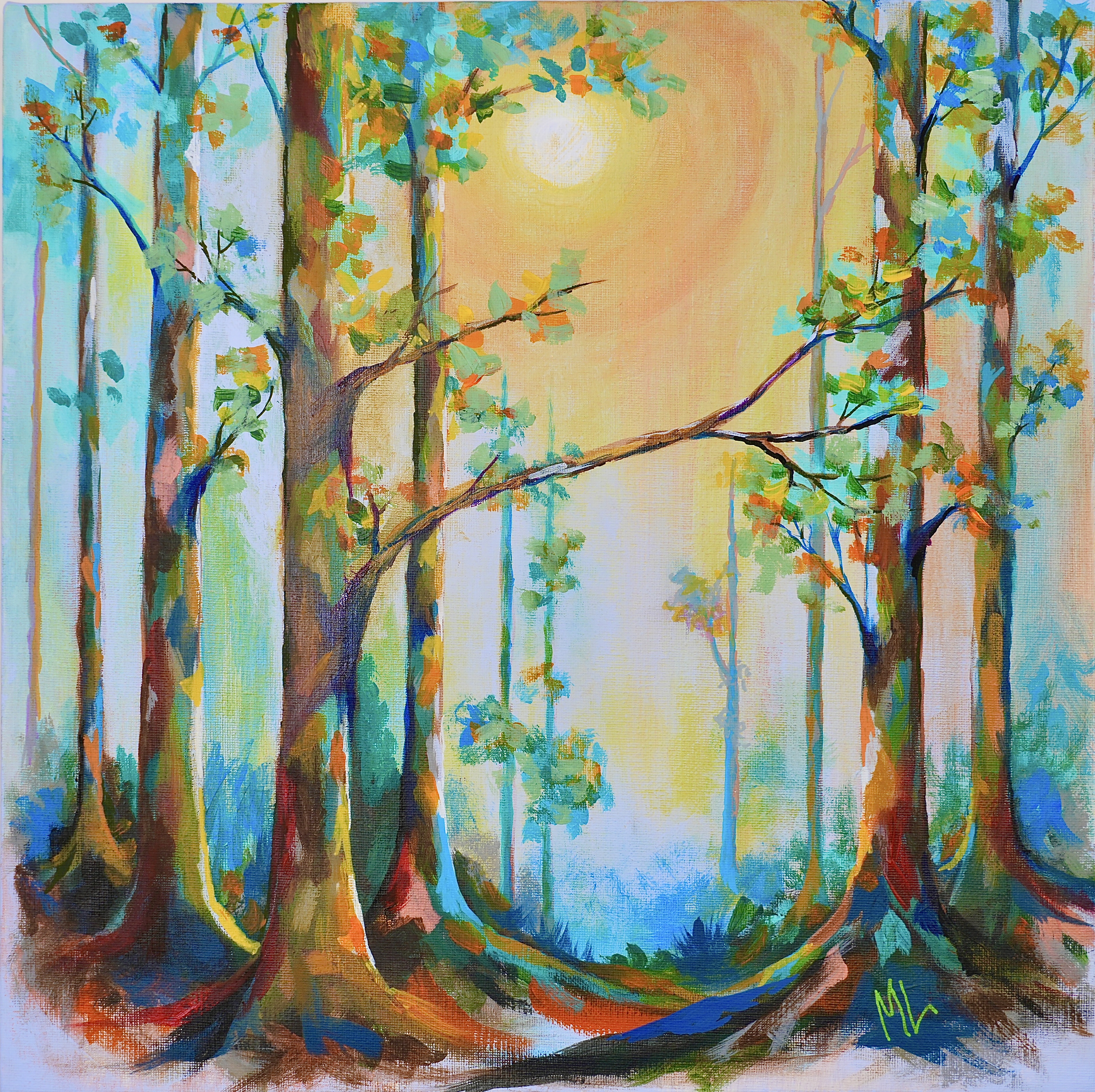 Sunlit Forest Original Acrylic 12 x 12 Canvas Art 