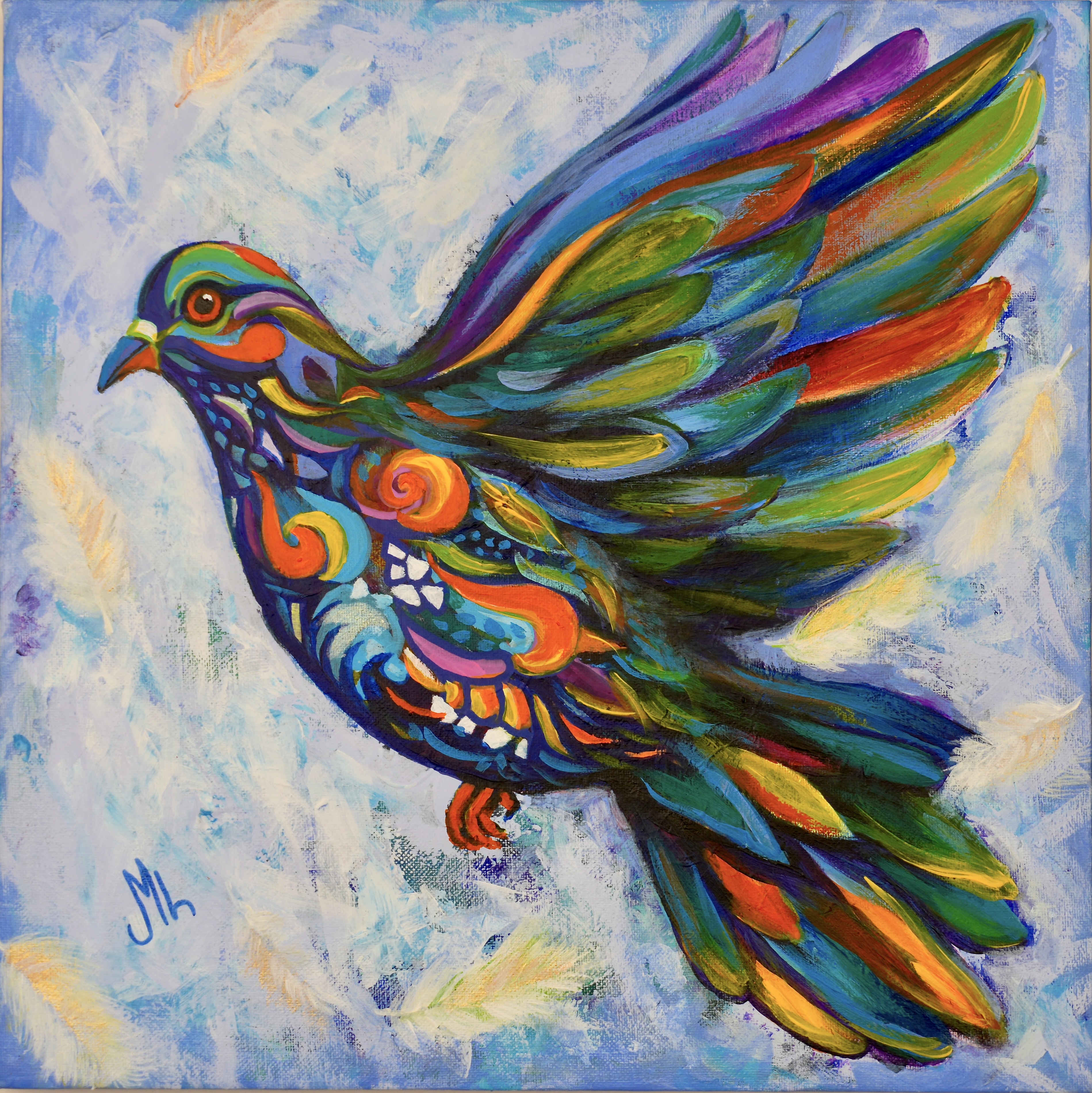 Colorful Abstract Dove Painting 12 x 12 Acrylic Painted On Canvas Signed by Magie Le